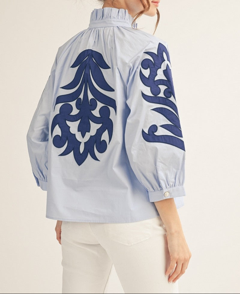 Don't Leave Baroque Applique Detail Top - Blue