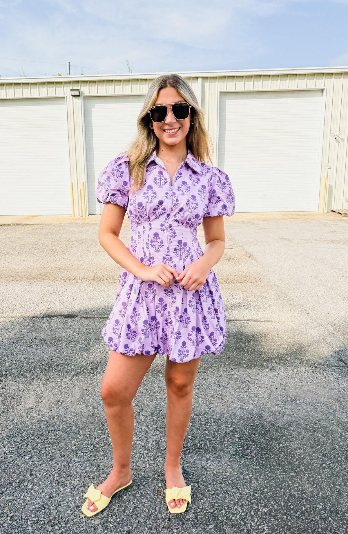 Winning Look Floral Print Puff Sleeve Bubble Hem Dress - Purple
