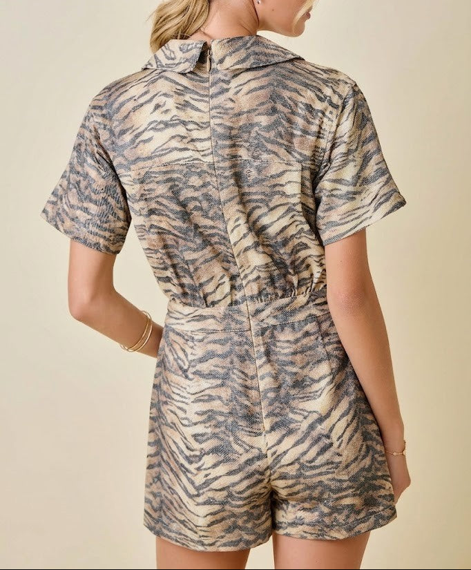 Tiger Print Denim Romper with Wrap Front Detail - Light Brown/Black