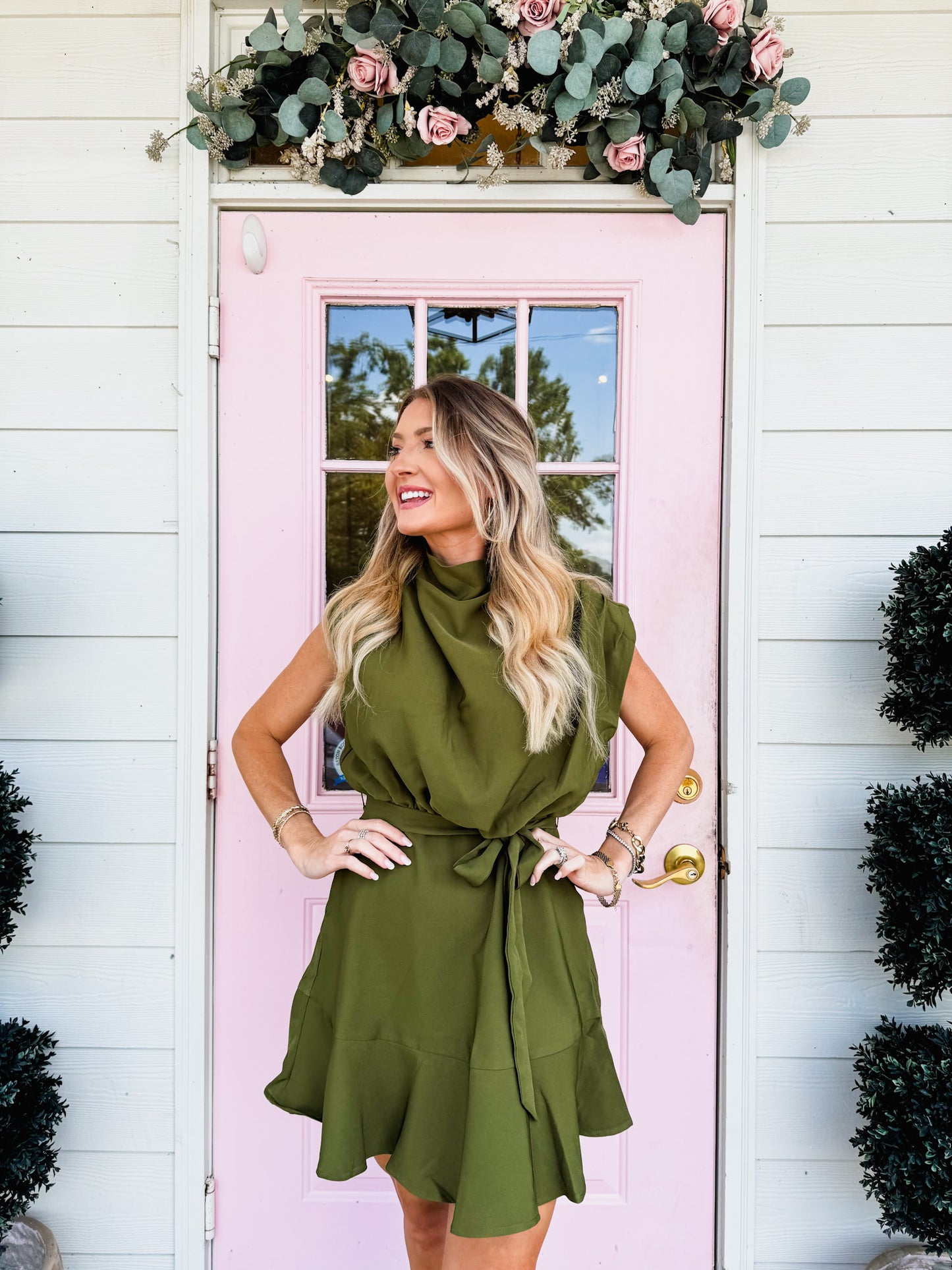 Cowl Neck Sleeveless Mini Dress - Olive