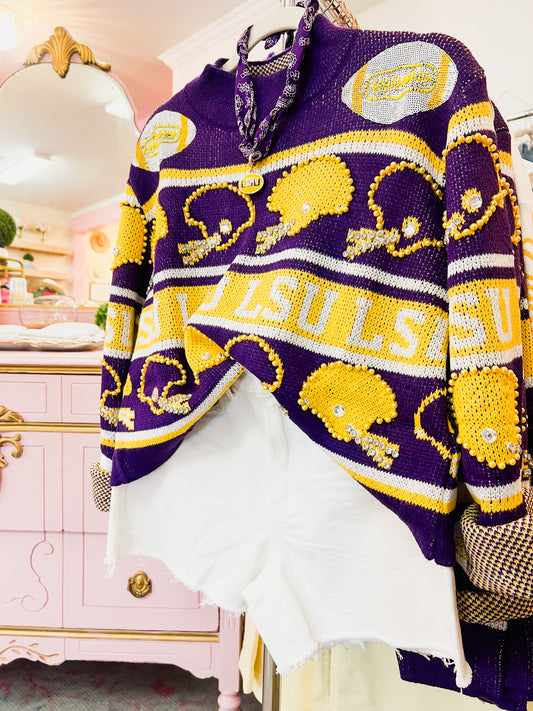 Queen Of Sparkles Licensed LSU Vintage Football Helmet Stripe Sweater