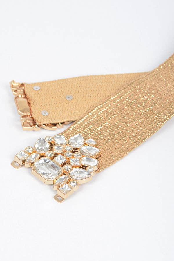 Multi Stone Metallic Straw Stretch Belt - Gold