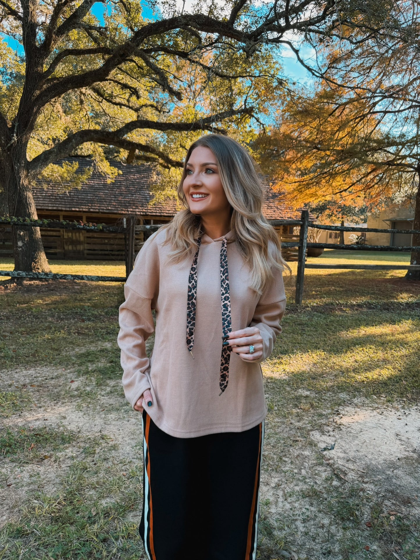 Thermal Leopard Drawstring Ribbed Baggy Hoodie - Dark Khaki