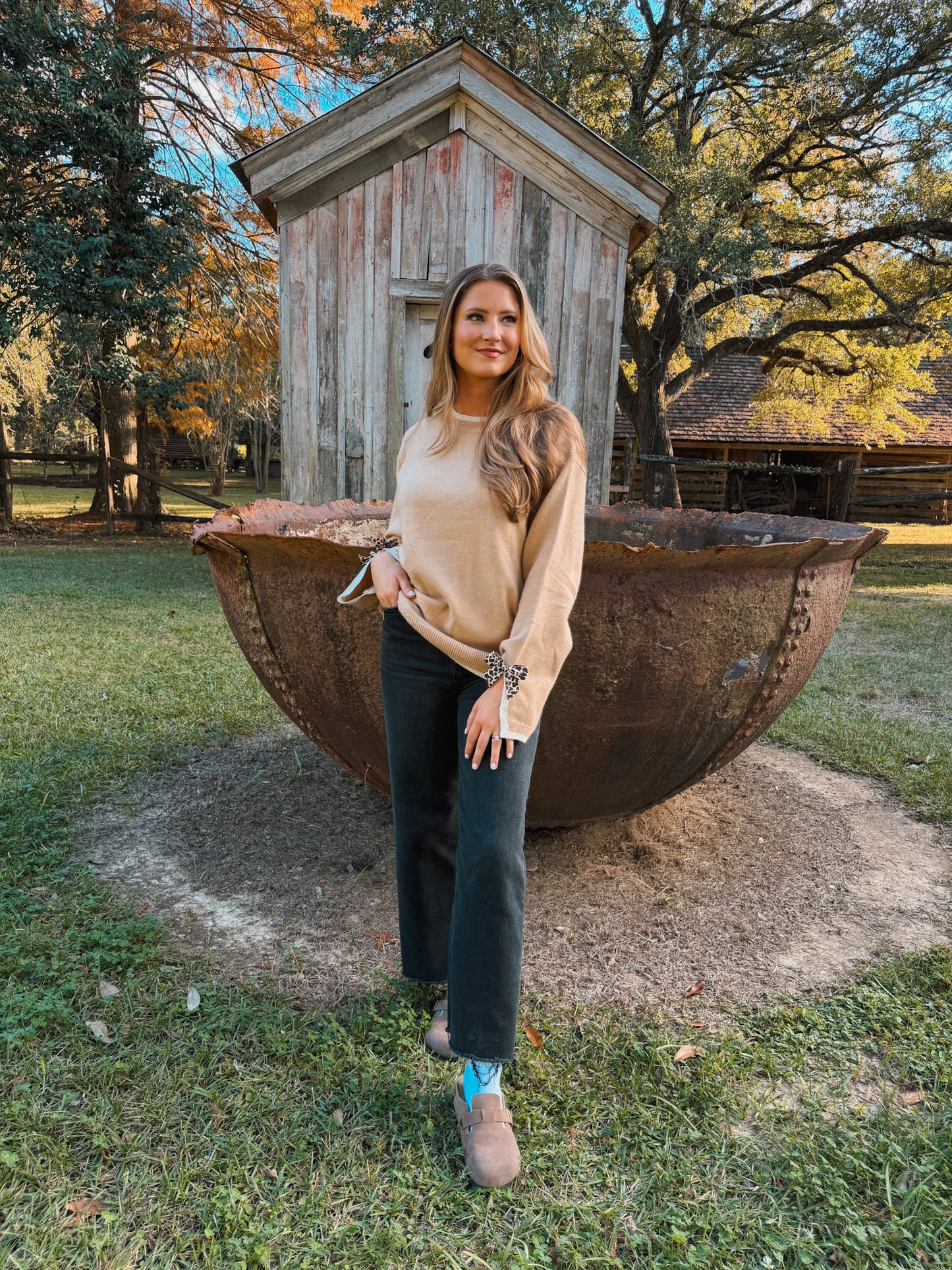 Leopard Bow Split Contrast Trim Sweater - Tan