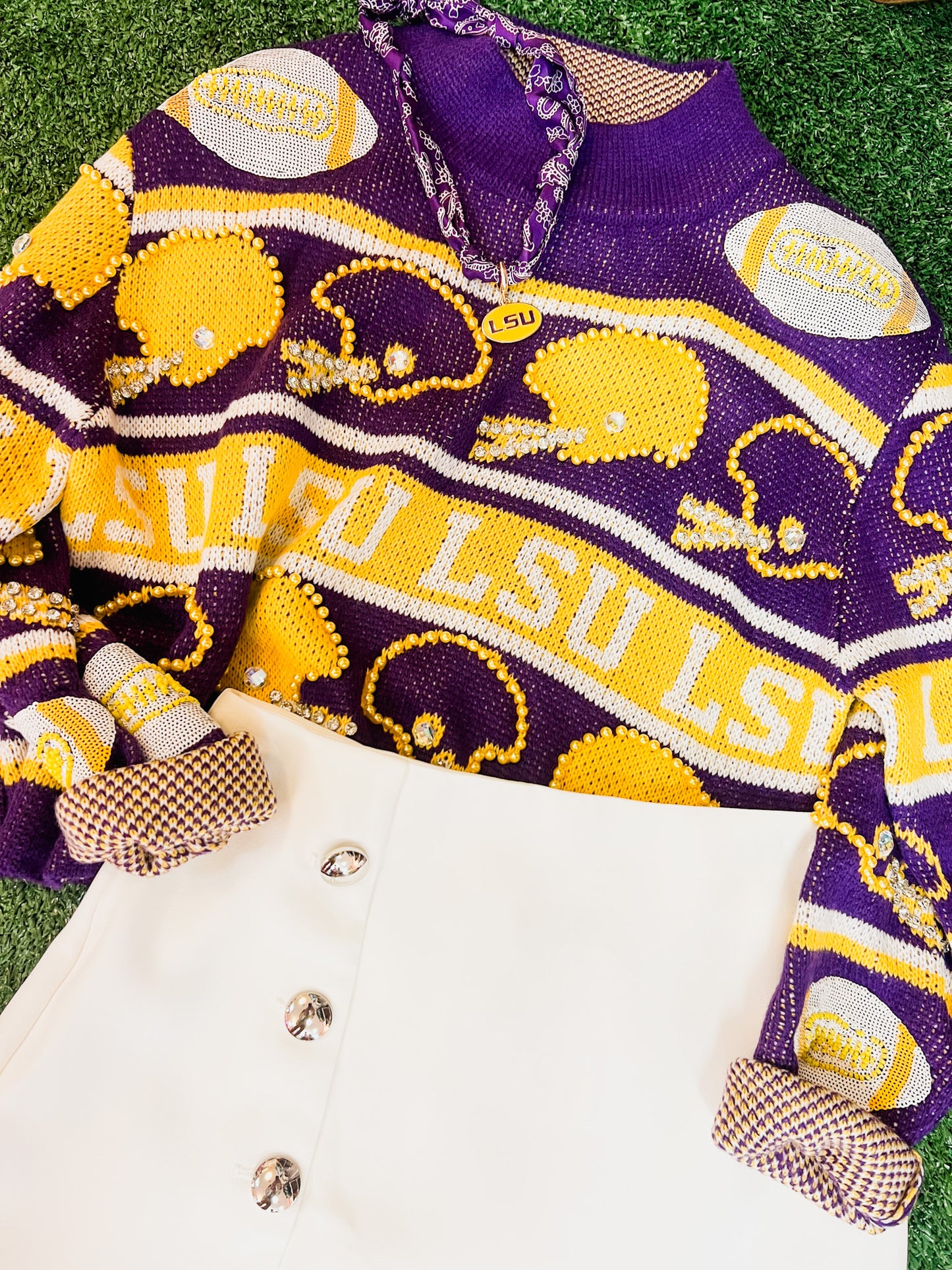 Queen Of Sparkles Licensed LSU Vintage Football Helmet Stripe Sweater