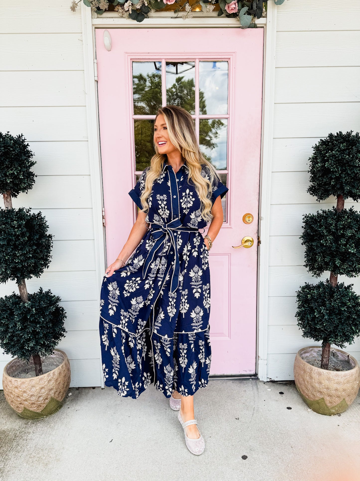 Botanical Garden Floral Midi Dress - Navy