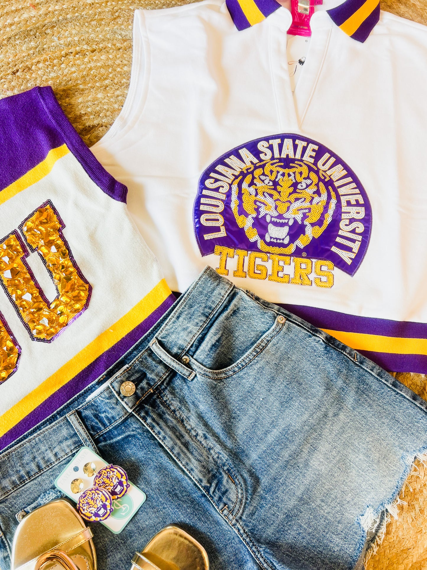 Queen Of Sparkles Licensed LSU Striped Collar Circular Mascot Tank