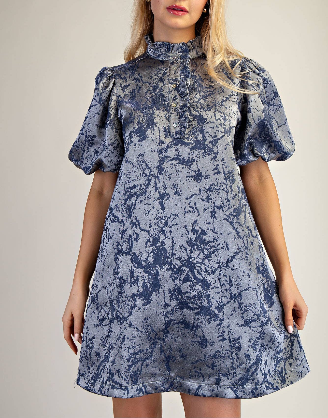 Fresh Start Ruffle Neck Puff Sleeve Mini Dress - Slate