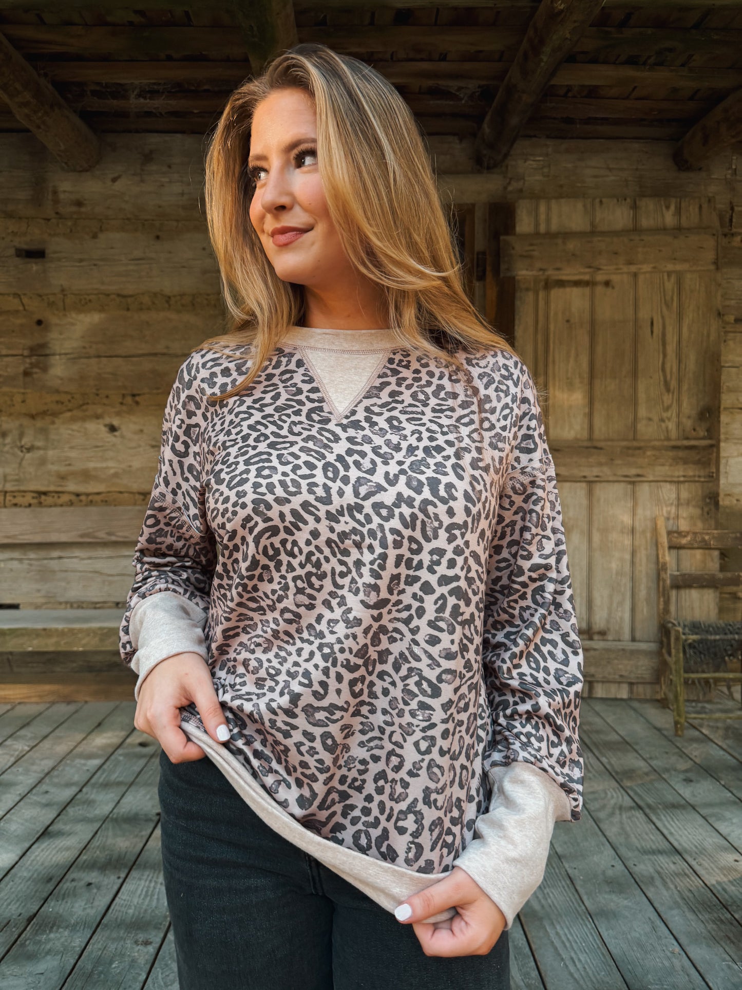 Leopard Long Sleeve Pullover Top - Khaki