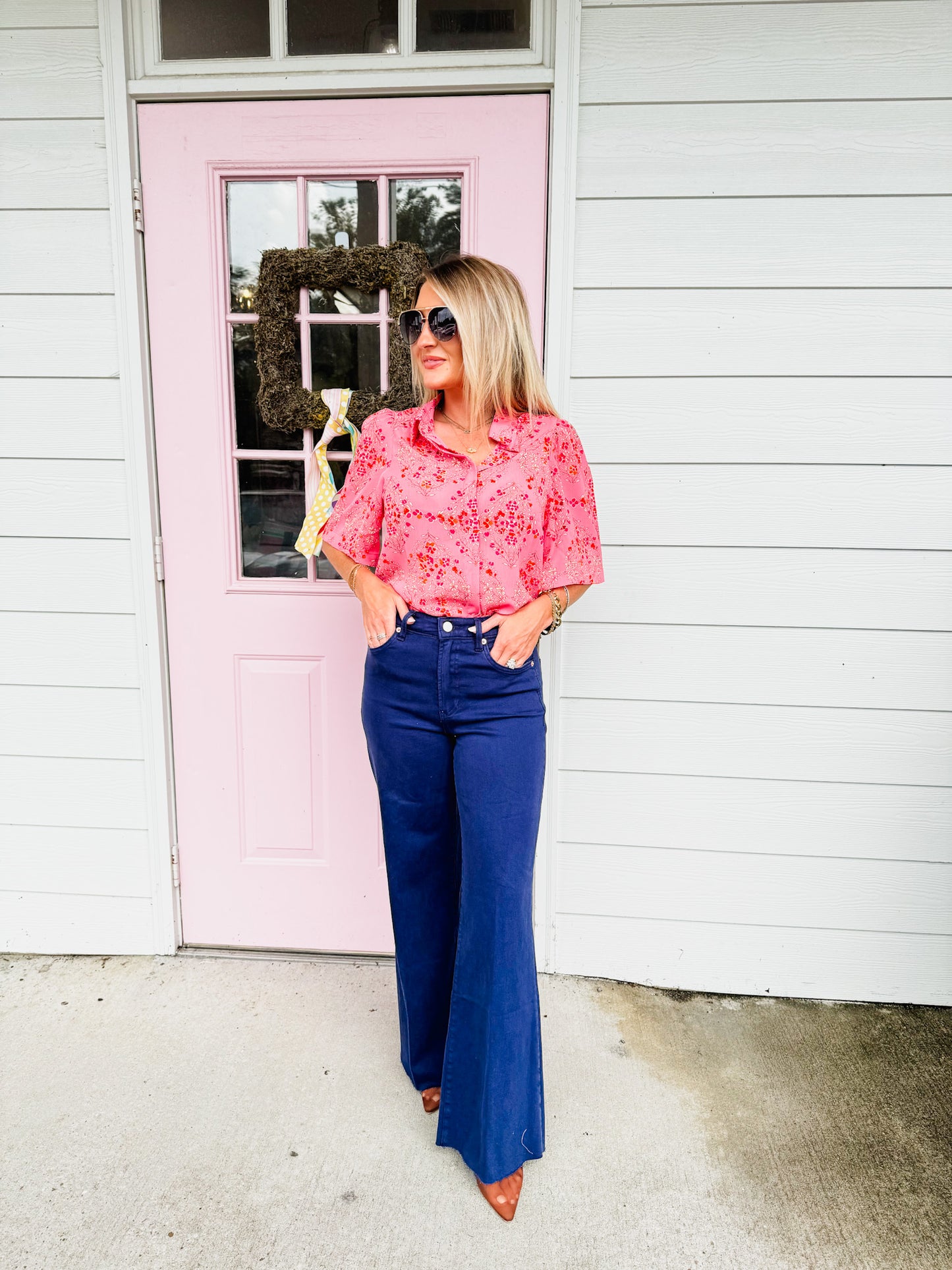 Wanting More Floral Print Front Button Top - Pink