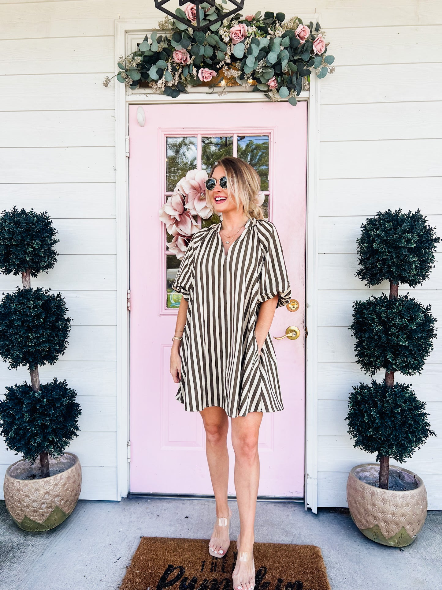 No Problems Here Puff Sleeve Striped Dress - Cream