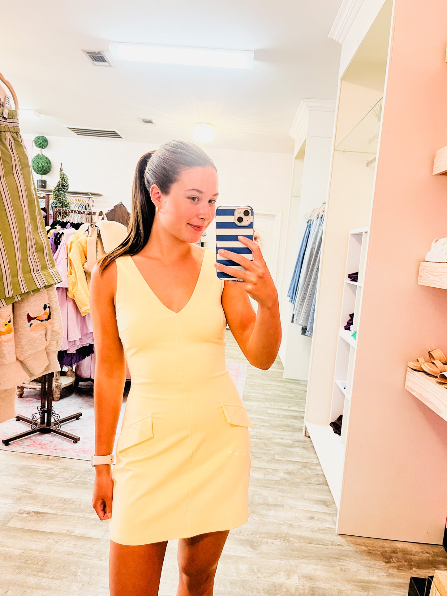 She is Sunshine Faux Pocket V-Neck Sleeveless Dress - Lemon