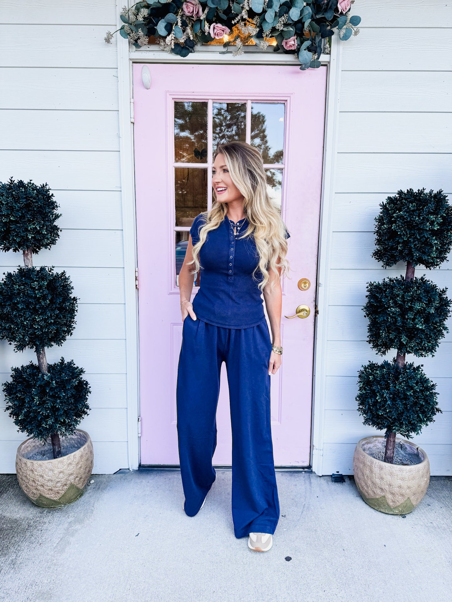 Big Fan Raglan Button Down Tee Pant Set - Navy