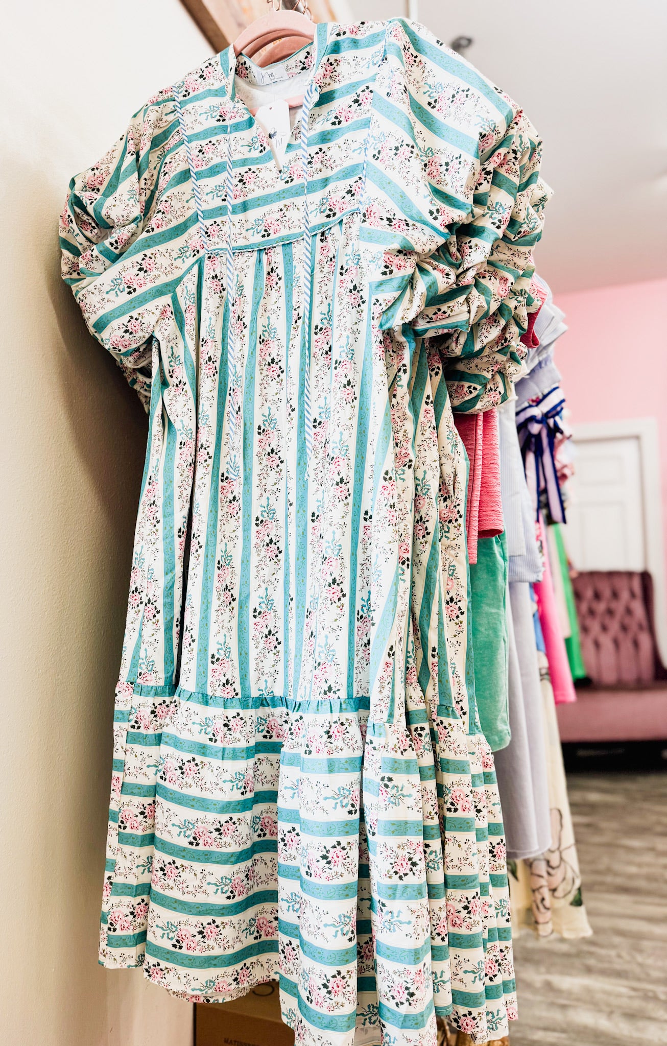 Field Of Dreams Striped Floral Print Split Neck Dress