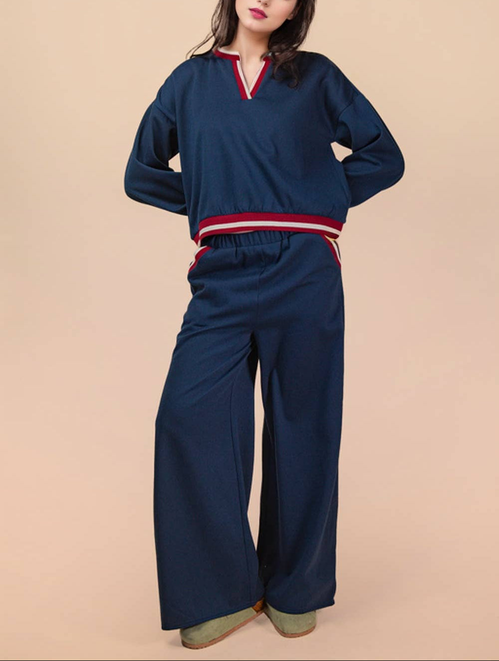 Varsity Letter Color Top & Pants Set - Navy