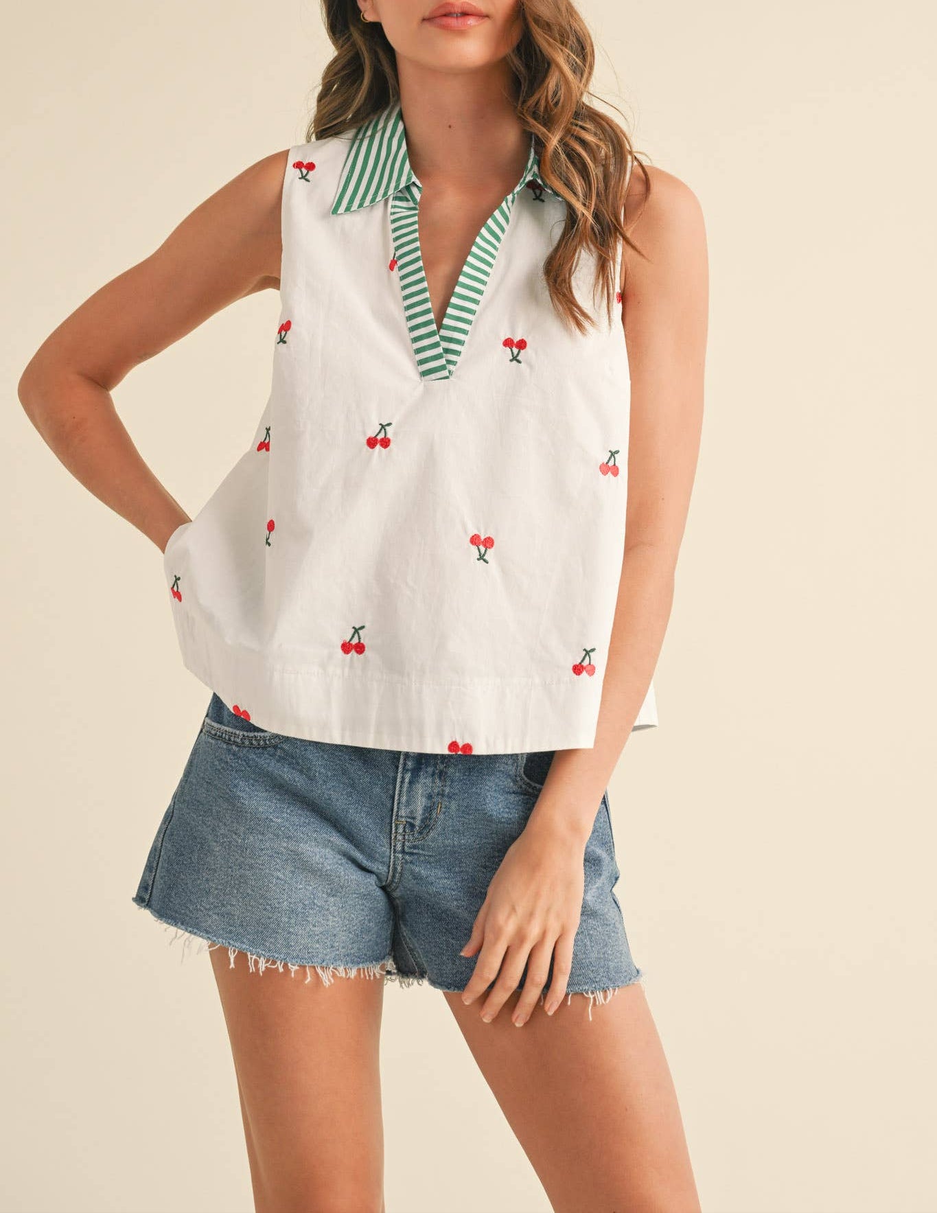 Cherry On Top Embroidered Collared Tank - White