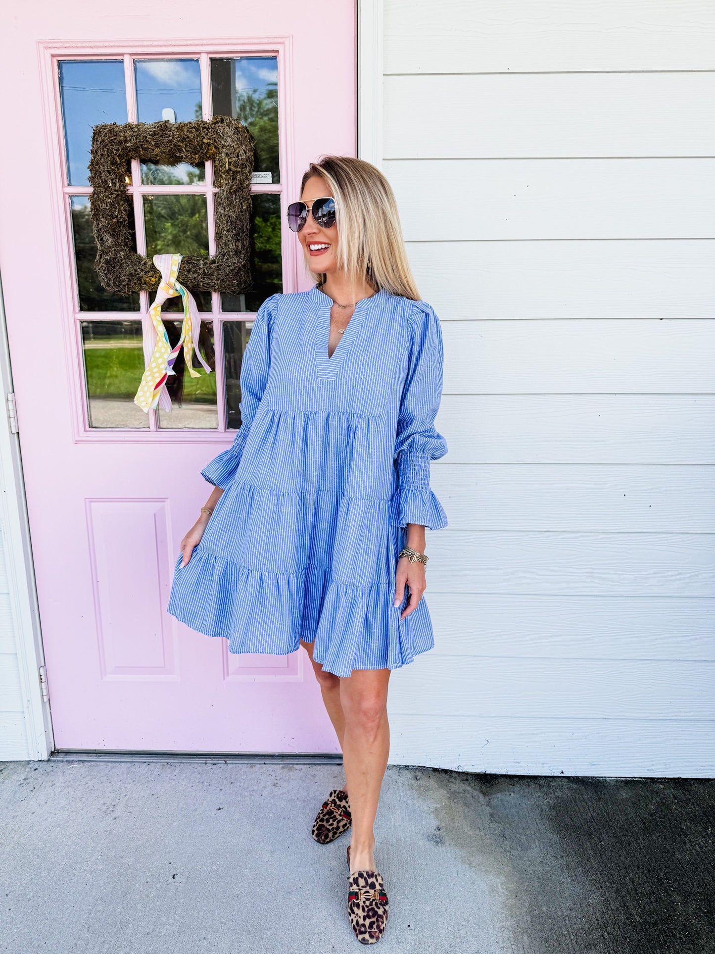 Light Steps Stripe Babydoll Mini Dress - Blue/White
