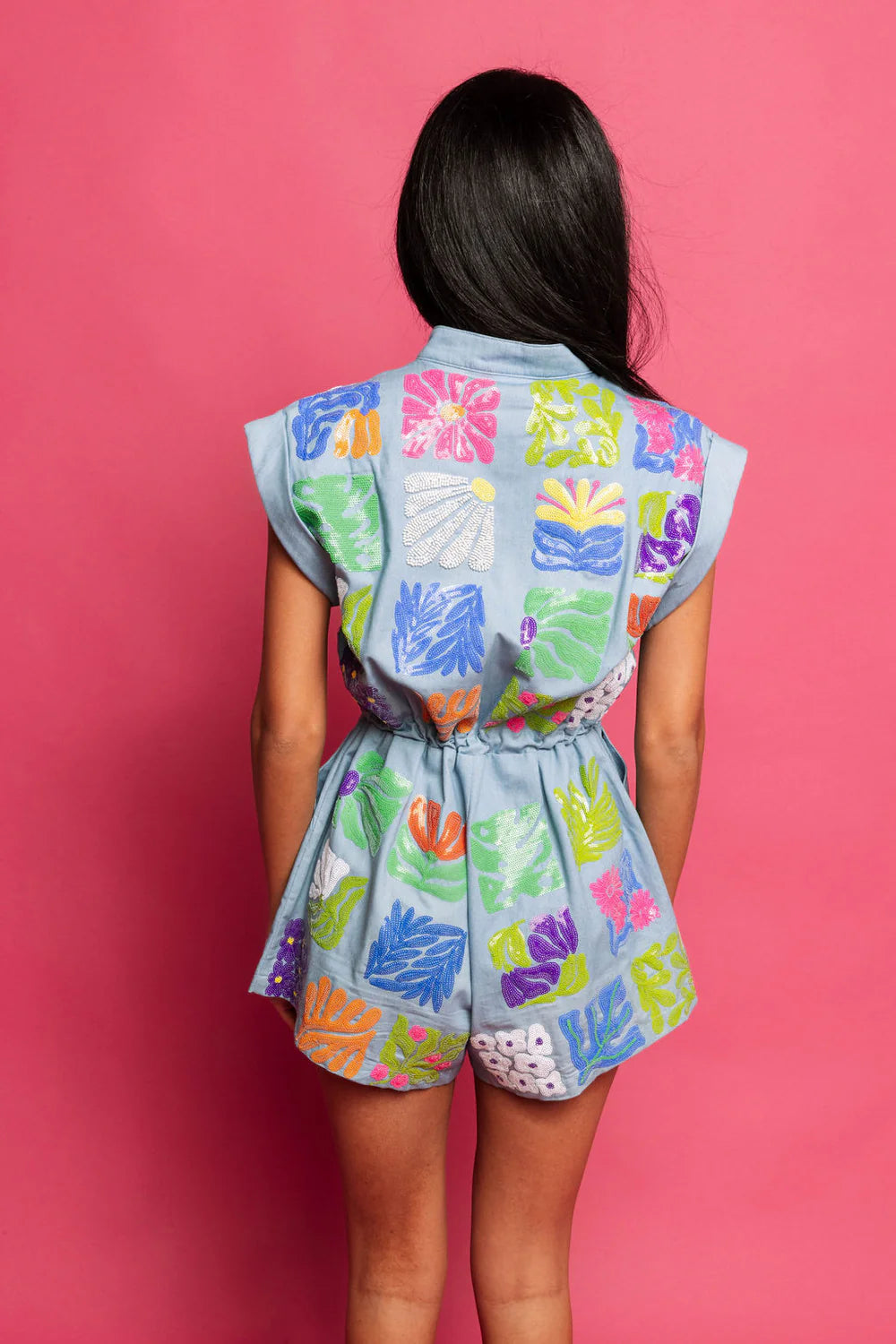 Queen Of Sparkles Denim Flower Tile Zipper Romper