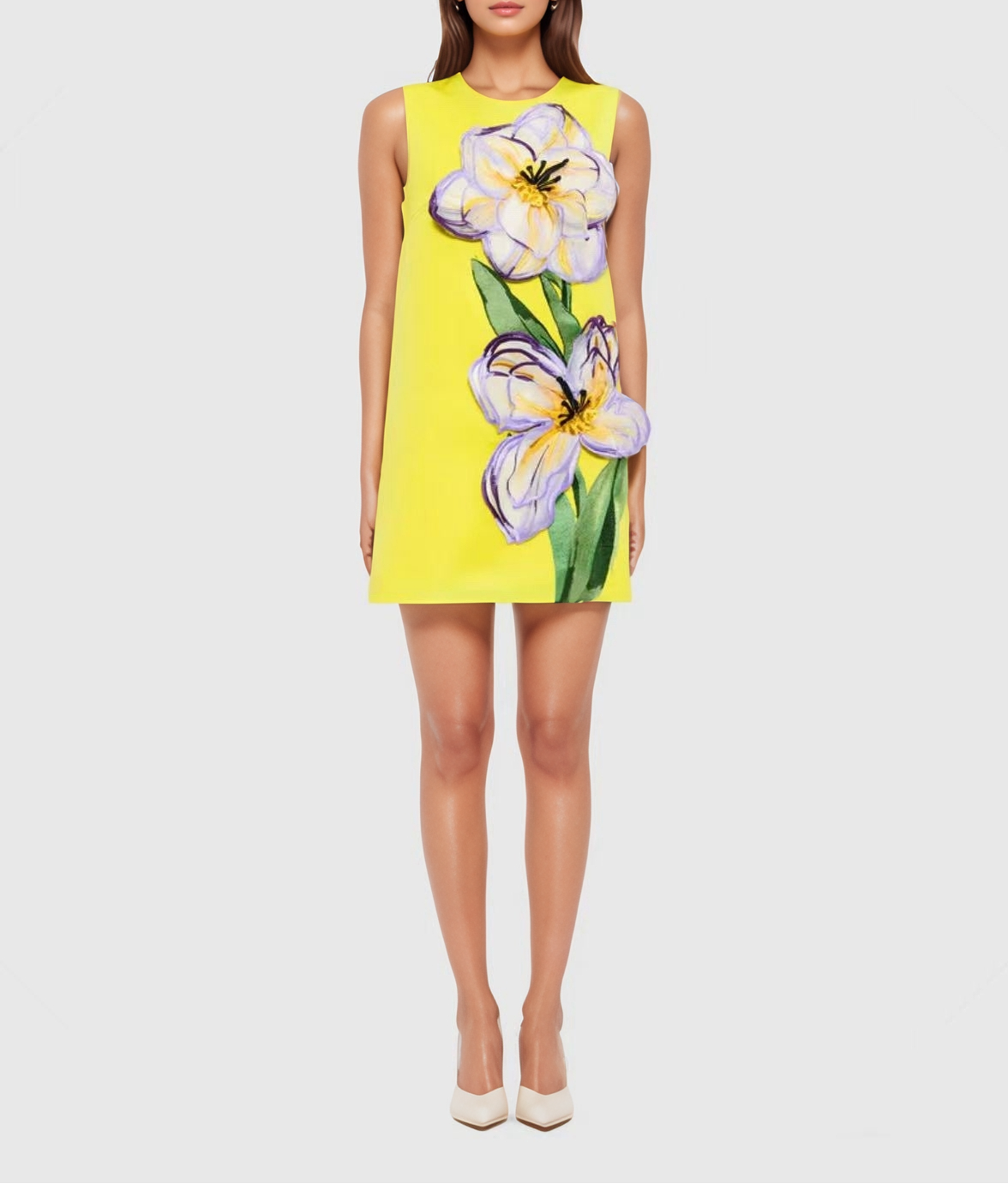Summer Getaway Round Neck 3D Floral Embellishments Dress - Yellow