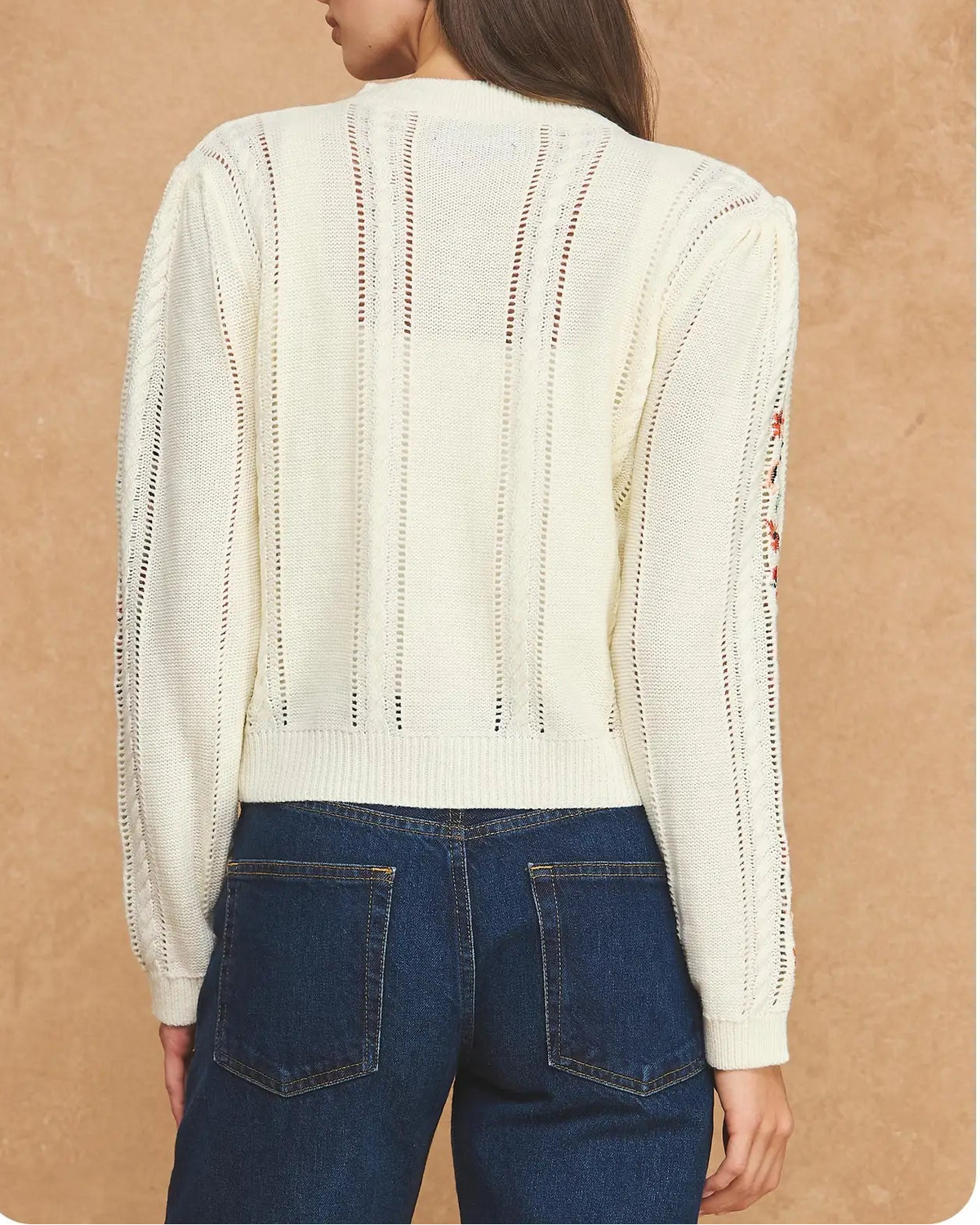 Sweet Idea Floral Embroidered Pointelle Cable Knit Cardigan - Ivory Multi