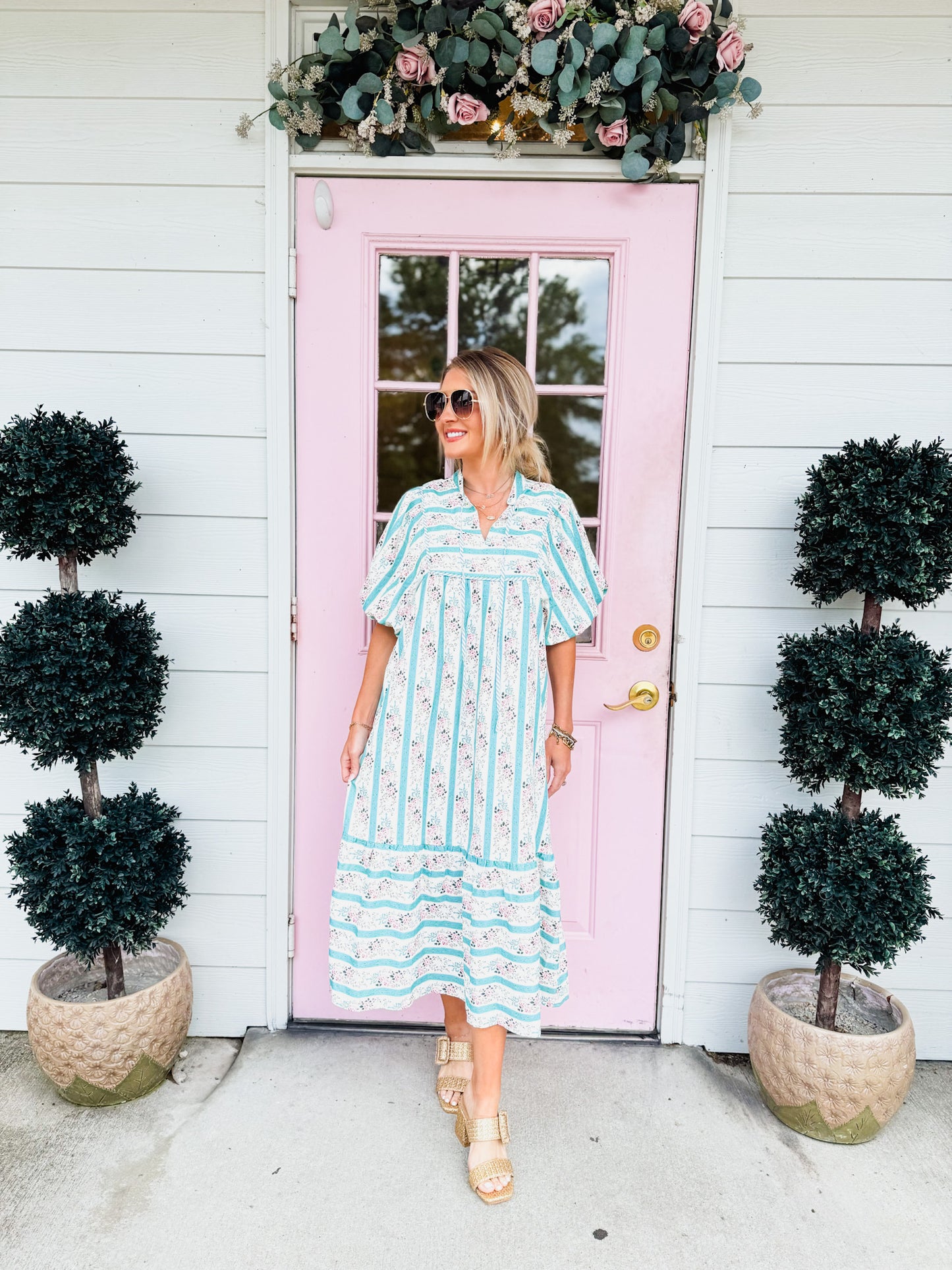 Field Of Dreams Striped Floral Print Split Neck Dress