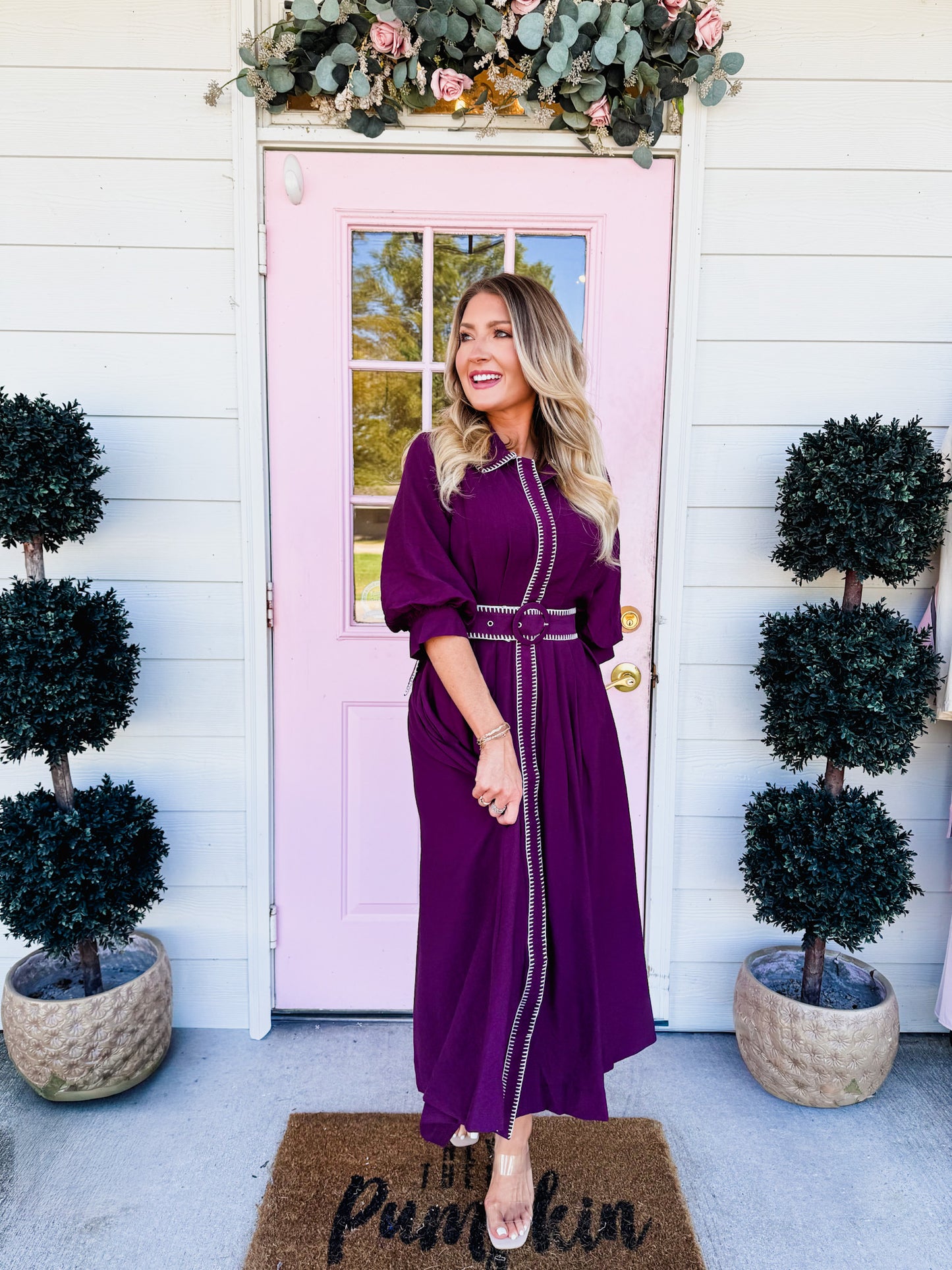 Pick Me Belted Midi Dress - Plum