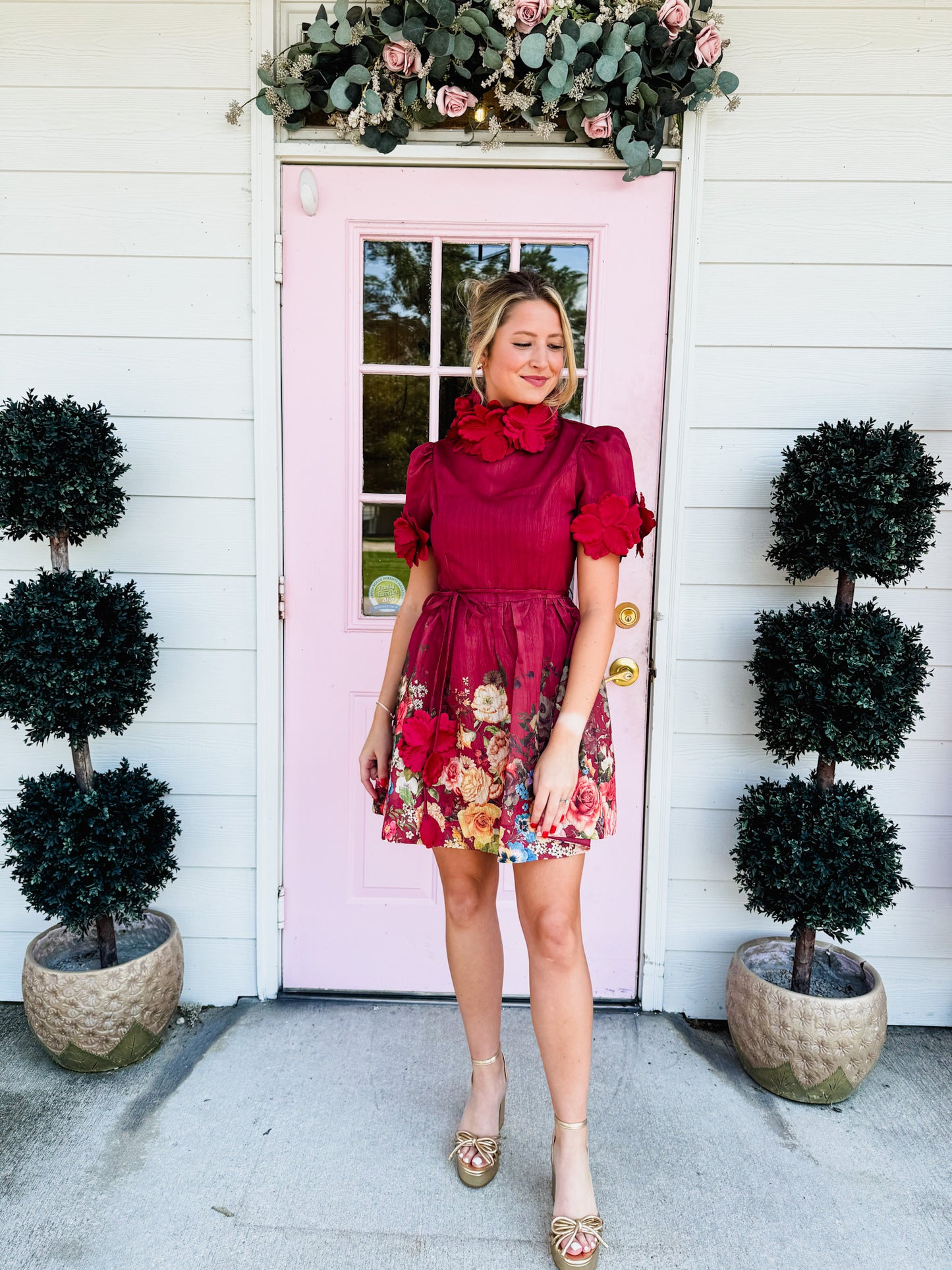 The Moment 3D Floral High Neck Dress - Burgundy