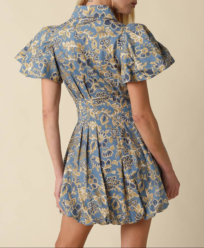 Dani Bubble Sleeve Mini Dress - Blue/Grey Gold
