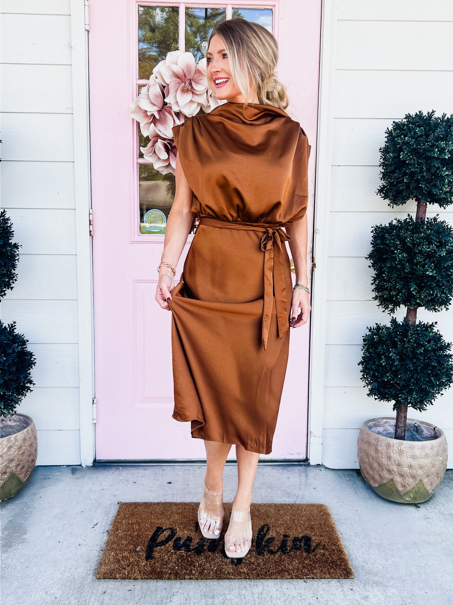 Up For Anything Cowl Neck Midi Dress - Camel