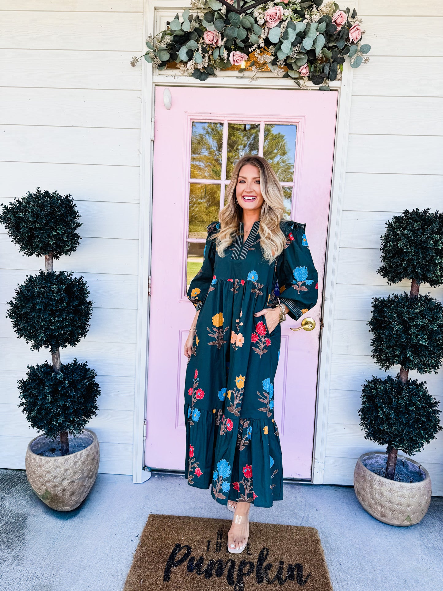 Home Grown Floral Midi Dress - Hunter Green