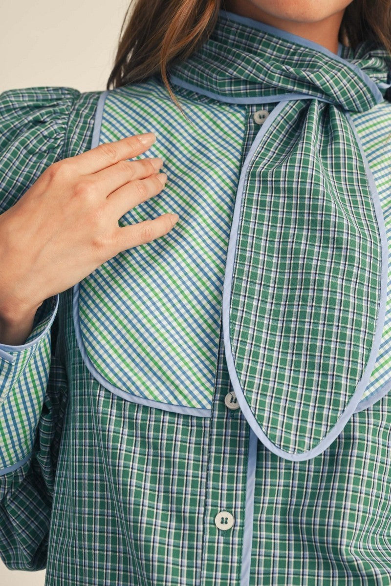 Wipe Away Tie Neck Accent Button Down Plaid Blouse - Green Mix