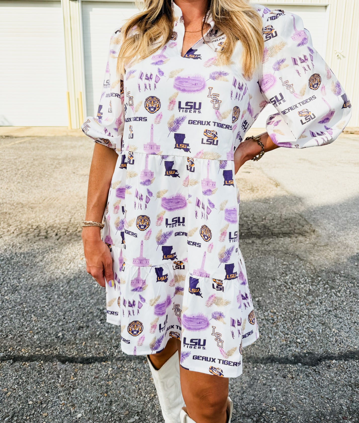 LSU Licensed Women's Ruffled Tiered Dress with Scattered Logos - White