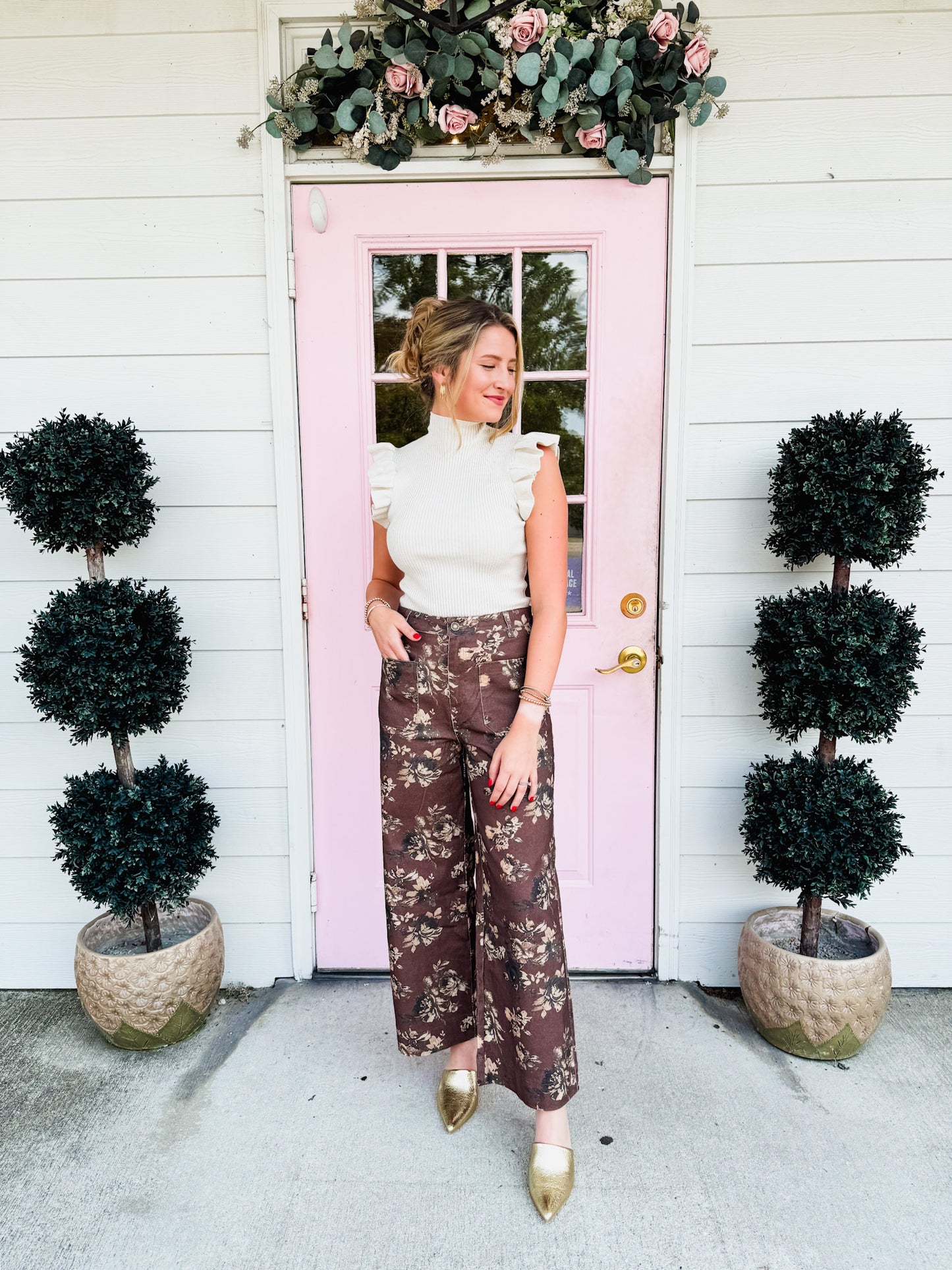 Fall Florals Mid-Rise Pants - Brown