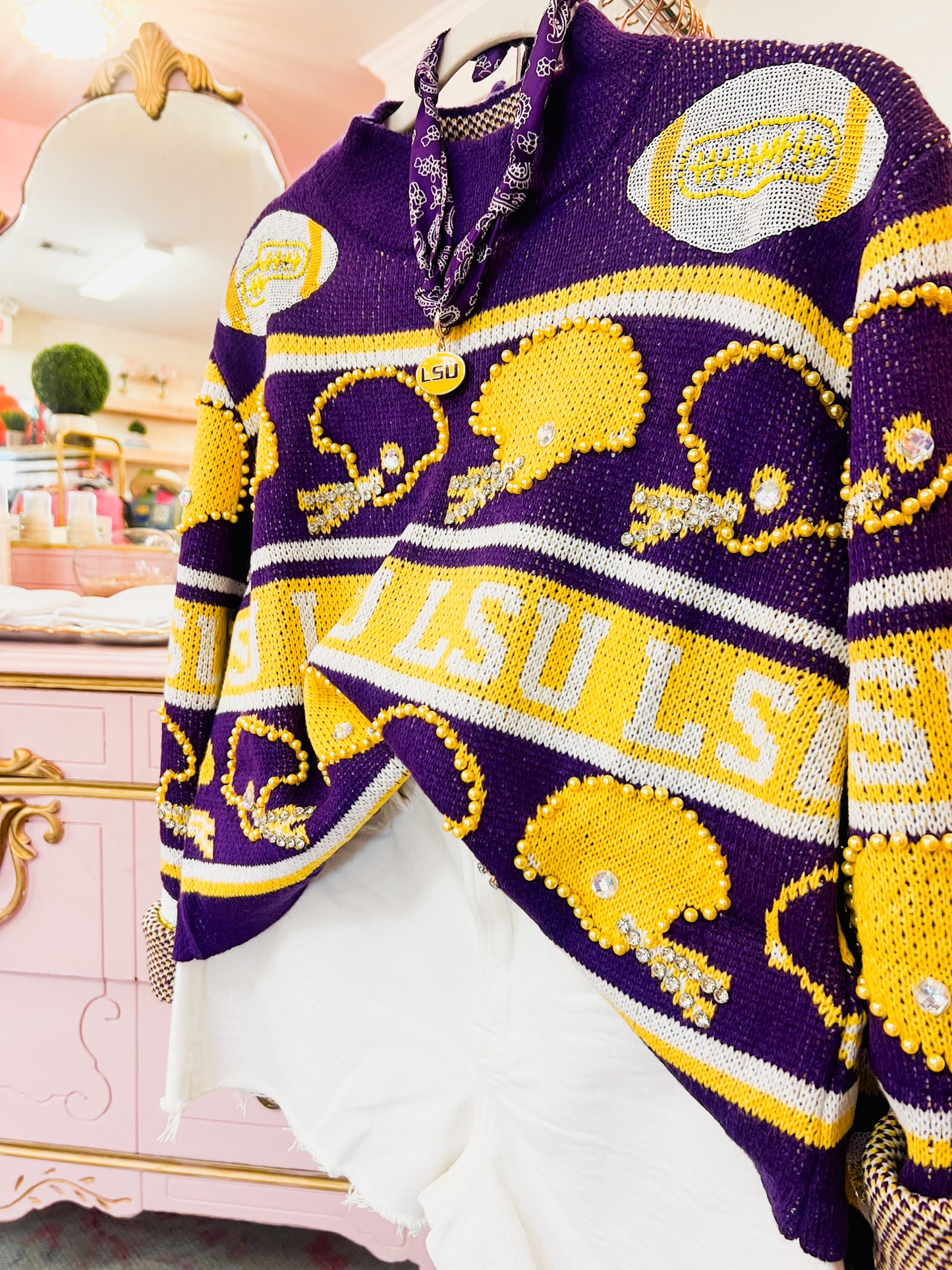 Queen Of Sparkles Licensed LSU Vintage Football Helmet Stripe Sweater