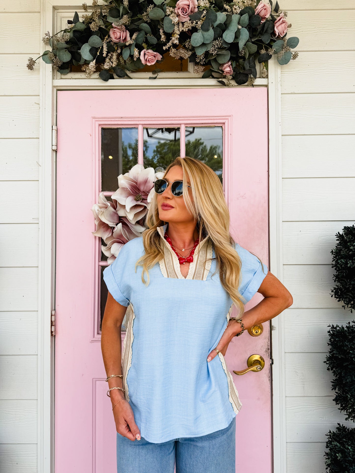 Beau Crochet Lace Accent Rolled Short Sleeve Top - Blue