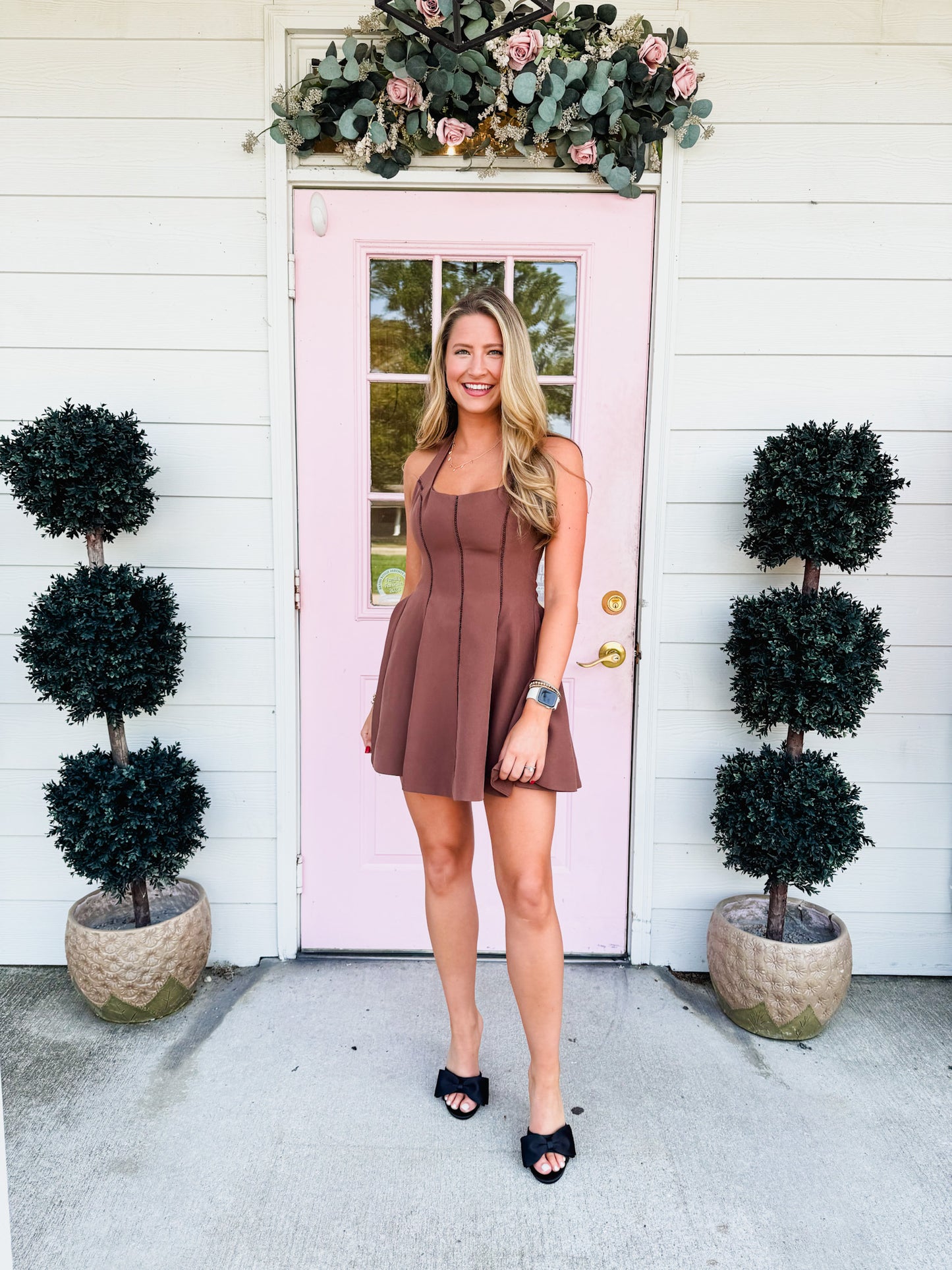 Butterfly Kisses Lace Trim Halter Neck Dress - Chocolate