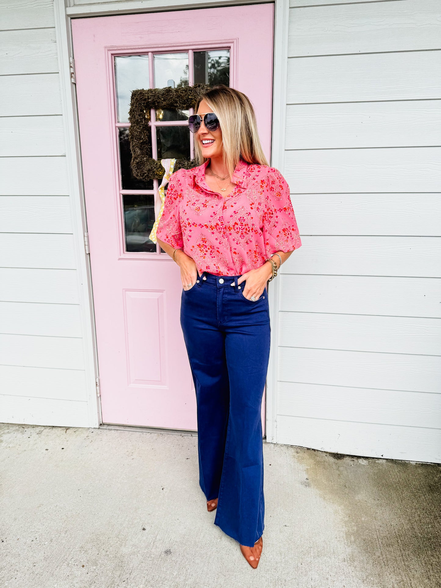 Wanting More Floral Print Front Button Top - Pink