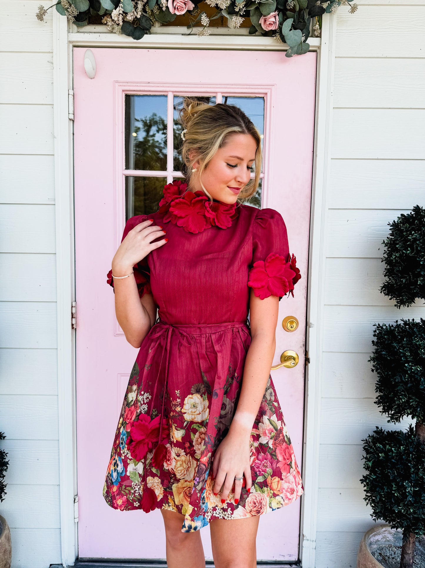 The Moment 3D Floral High Neck Dress - Burgundy