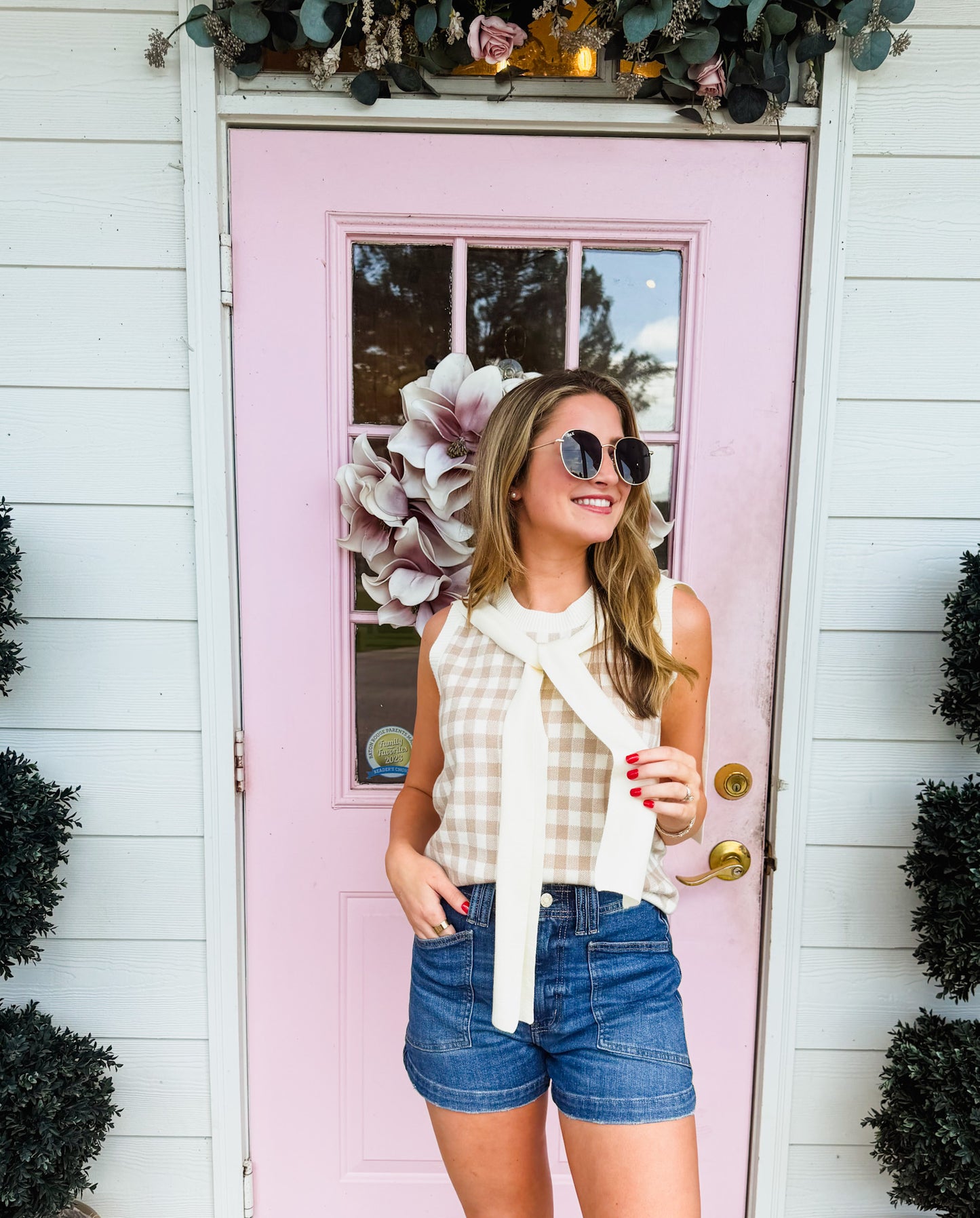 Gingham Plaid Knit Detachable Faux Wrap Sweater Tank Top - Khaki