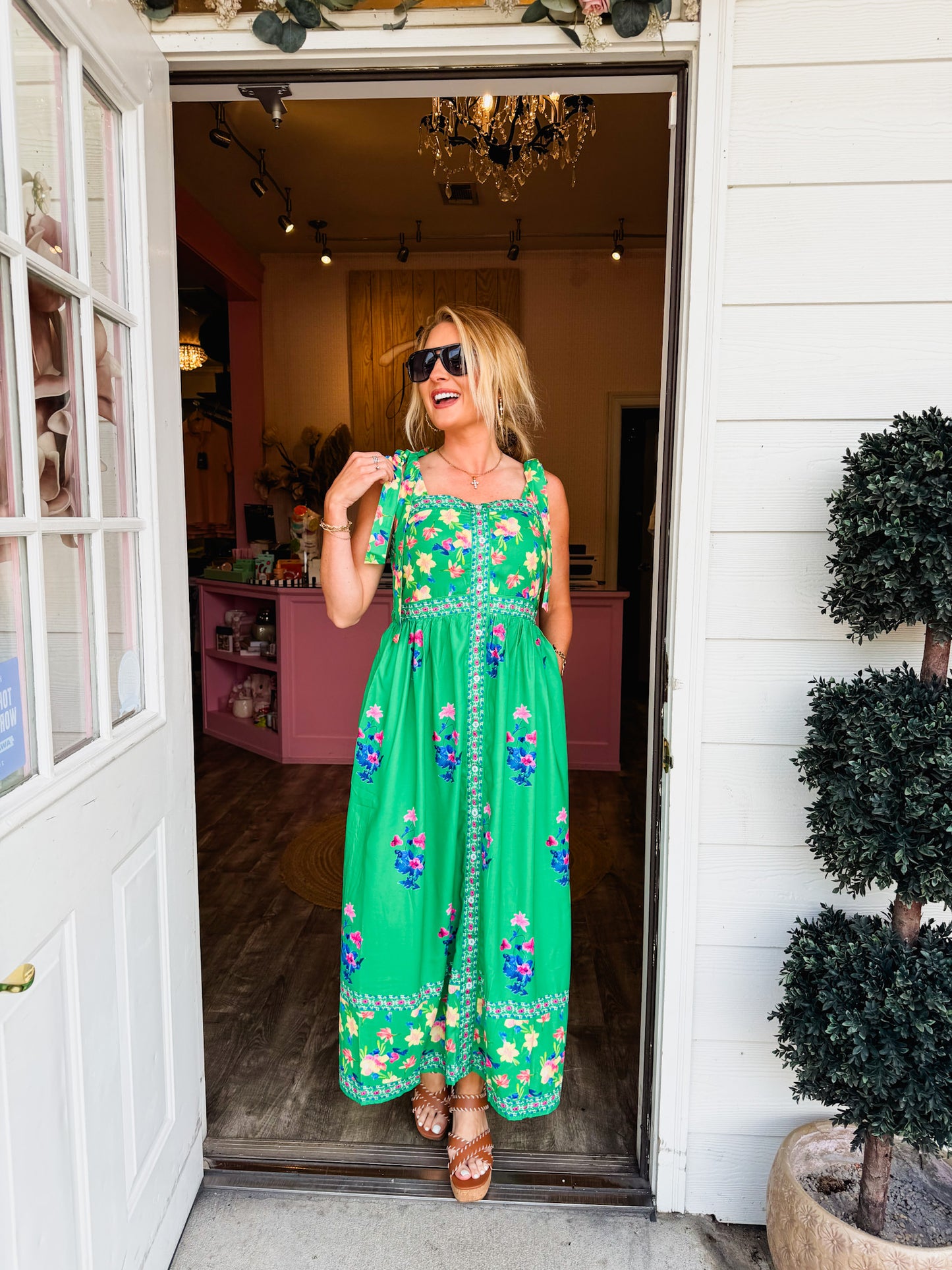 Floral Print Contrast Trim Knotted Strap Midi Dress - Green