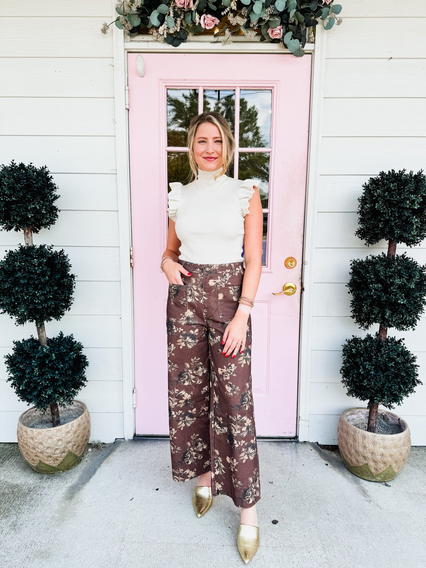 Fall Florals Mid-Rise Pants - Brown