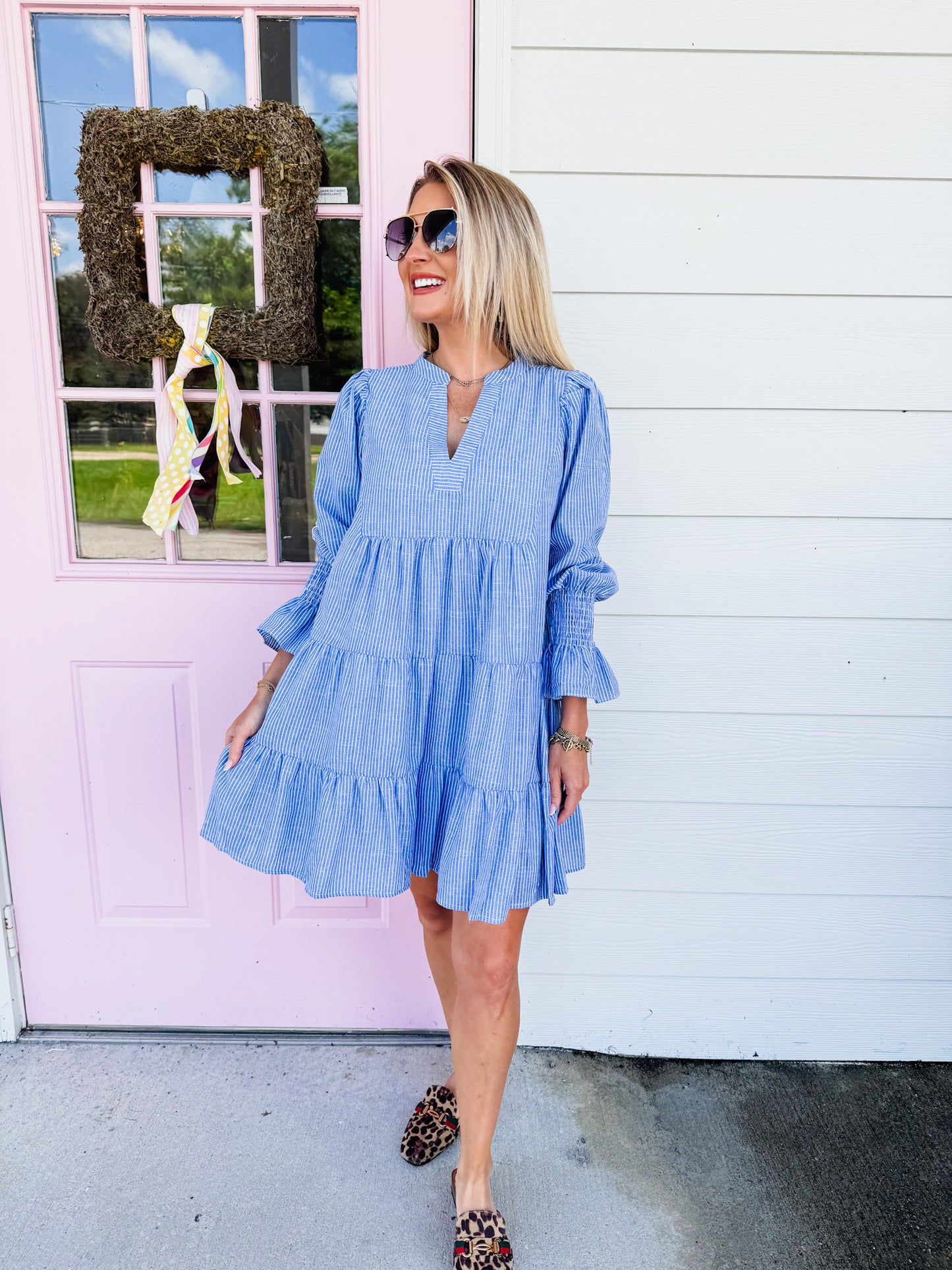 Light Steps Stripe Babydoll Mini Dress - Blue/White