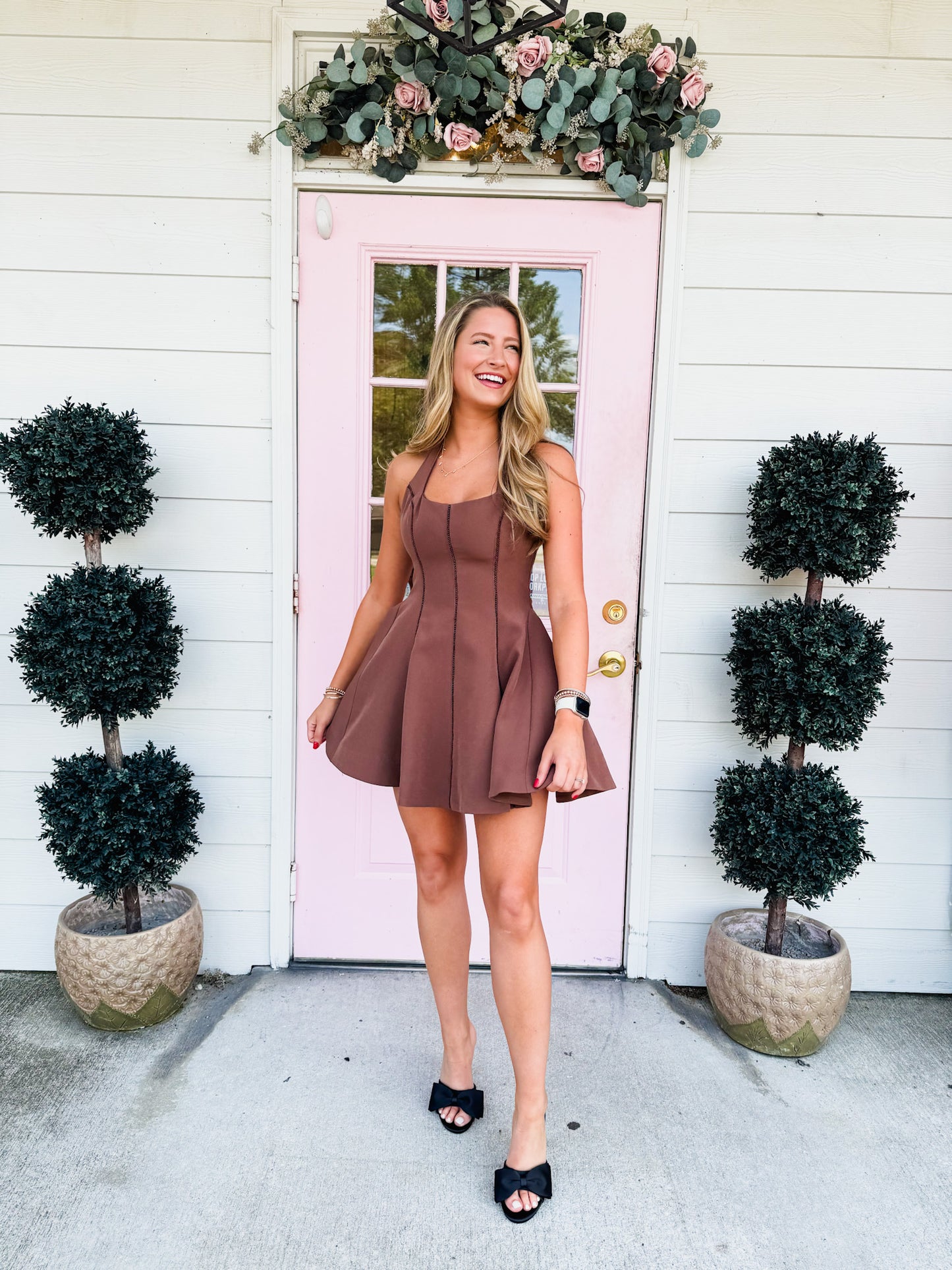 Butterfly Kisses Lace Trim Halter Neck Dress - Chocolate