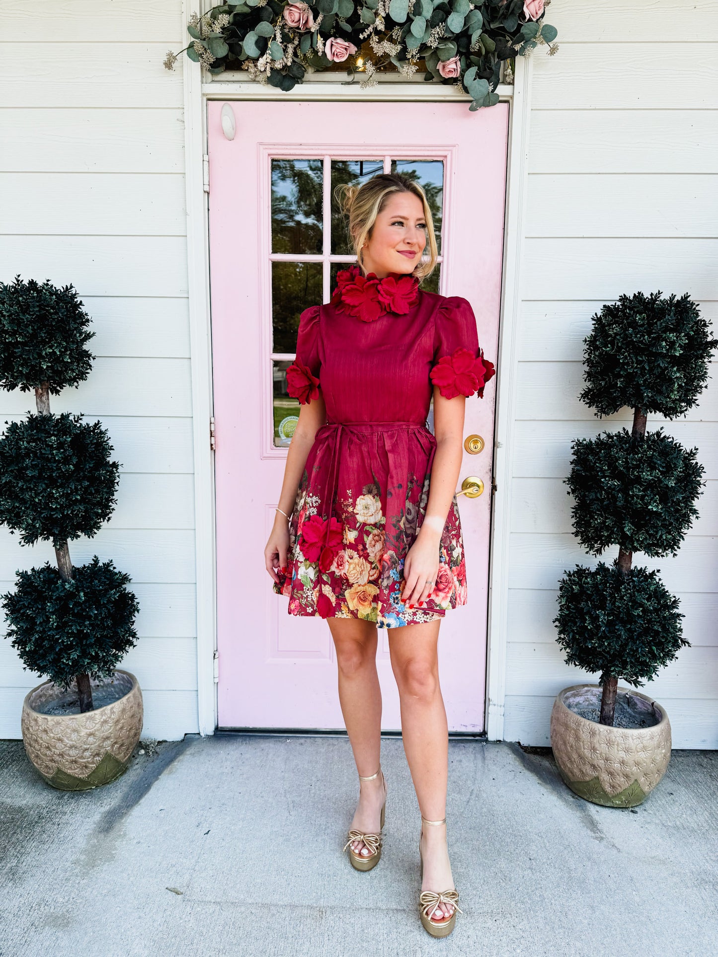The Moment 3D Floral High Neck Dress - Burgundy