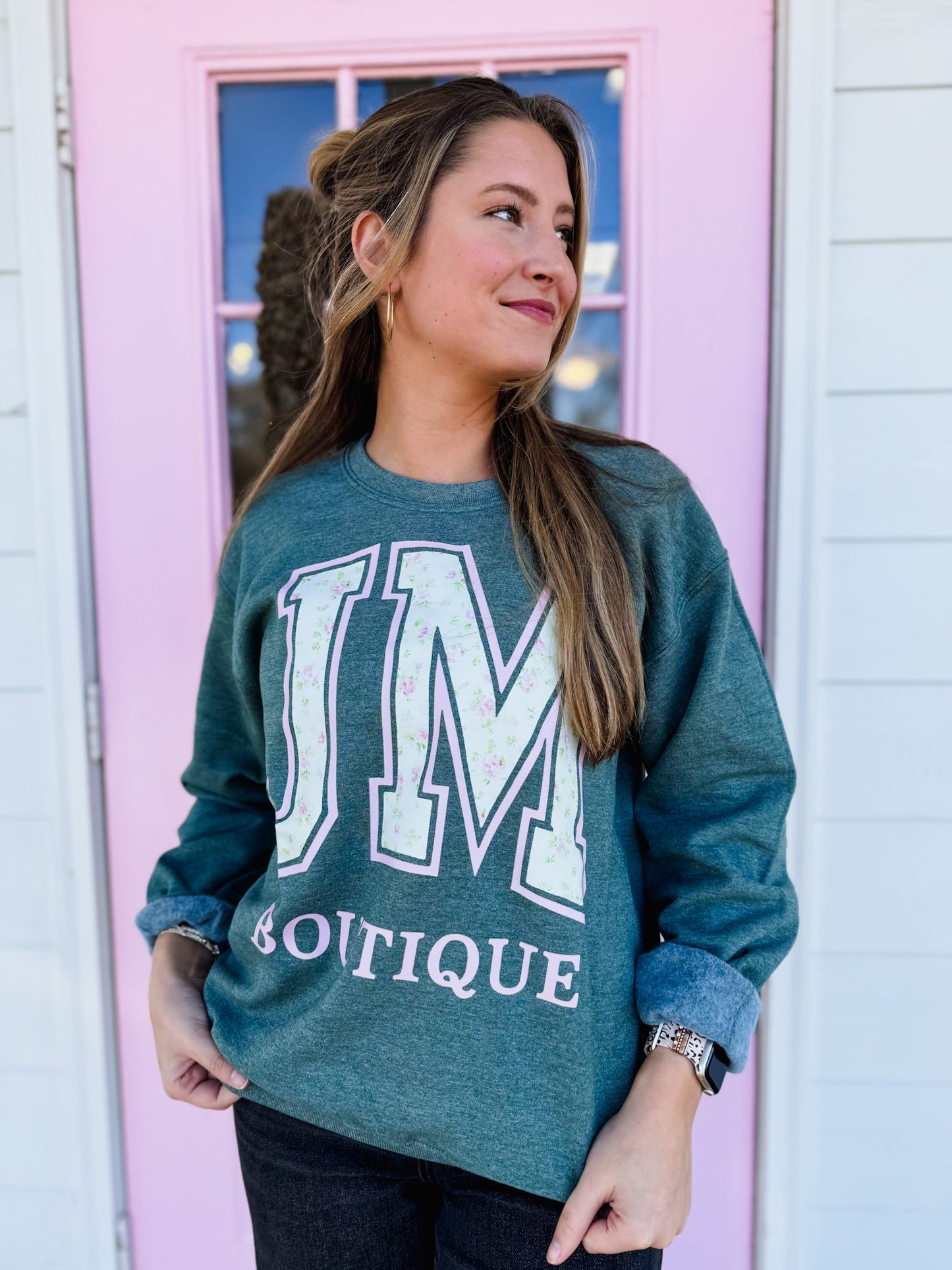 JM Floral Block Letter Sweatshirt - Heather Green
