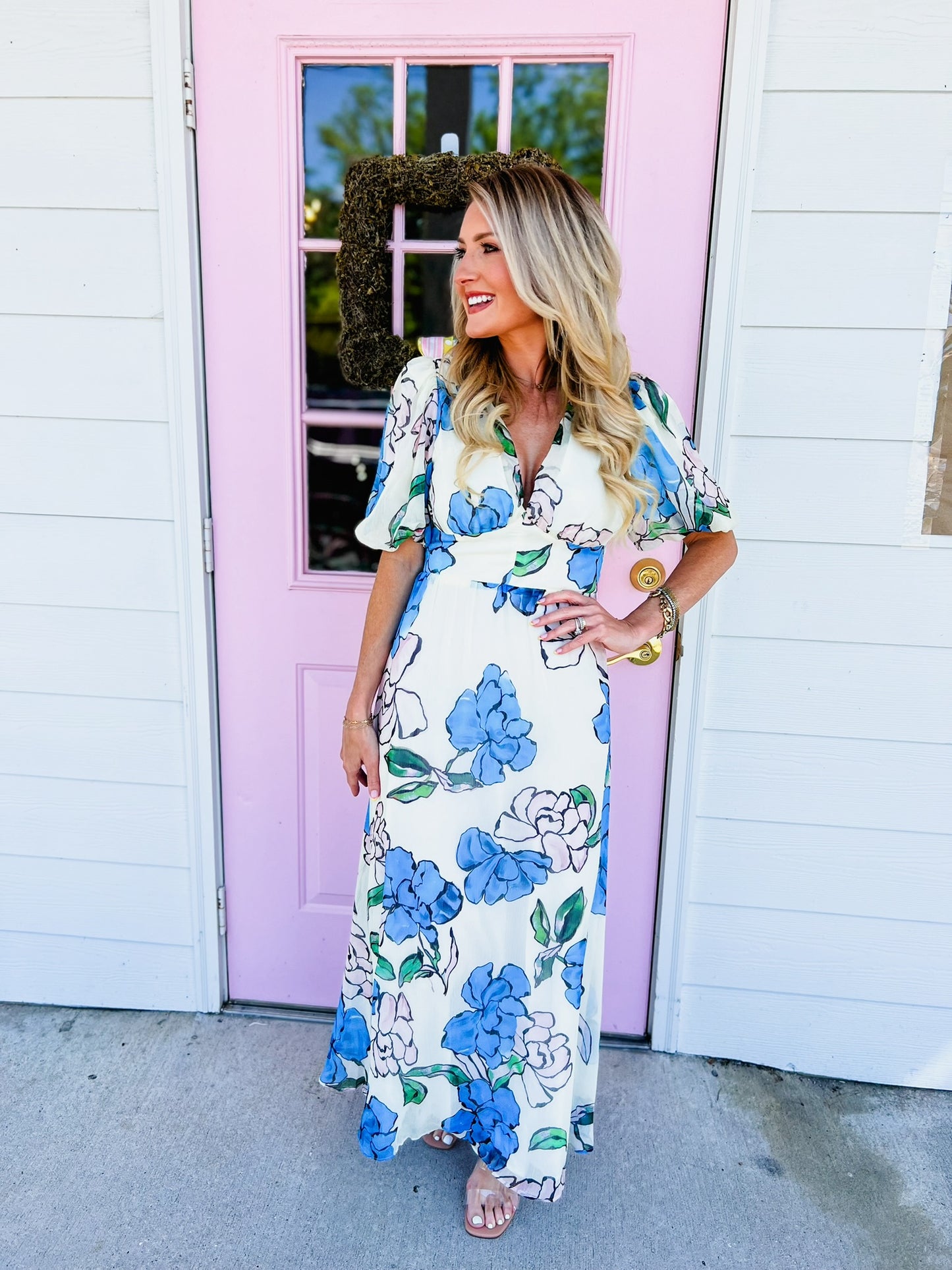 Blue Beauty Pastel Floral Print Maxi Dress - White