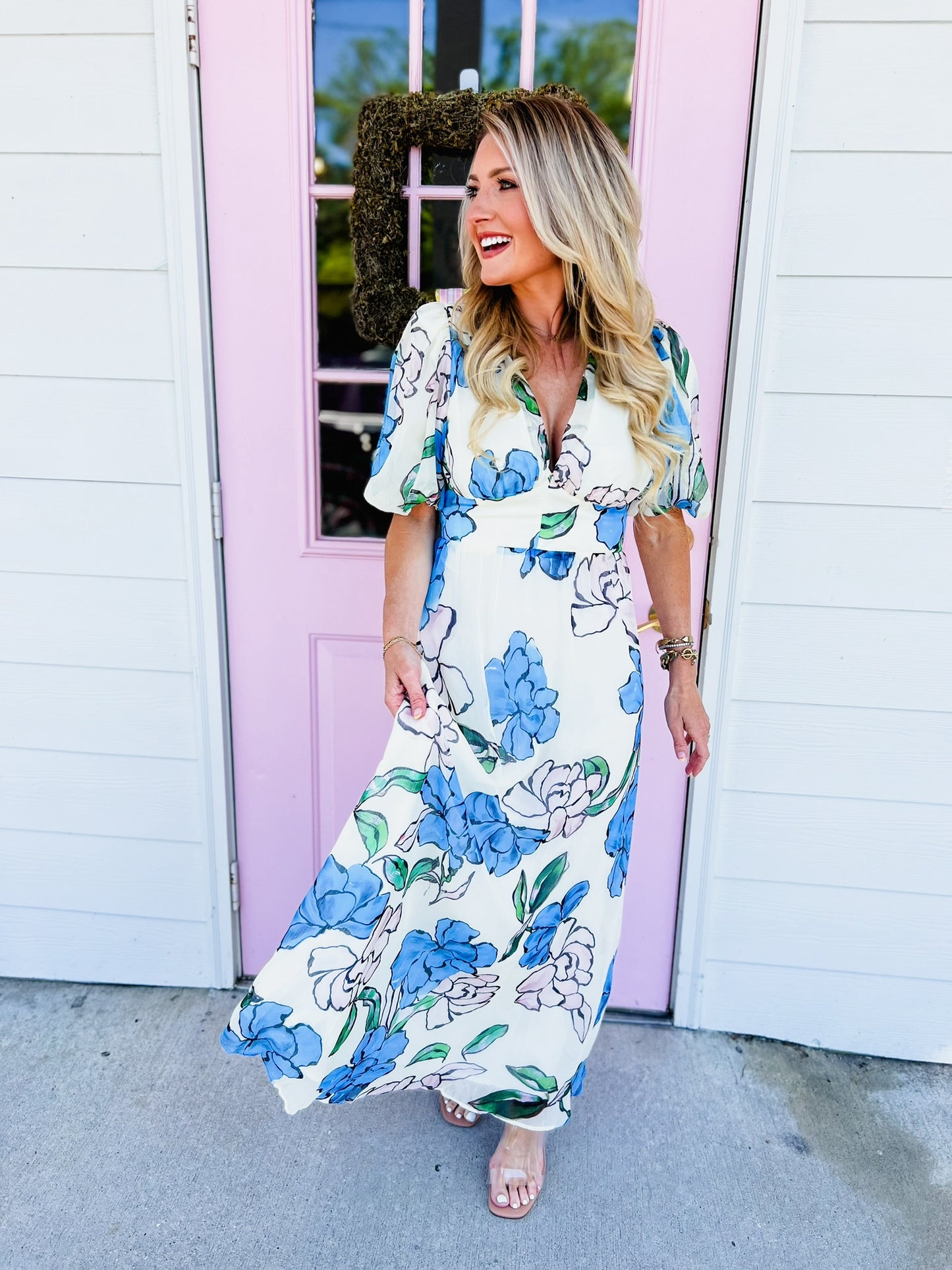 Blue Beauty Pastel Floral Print Maxi Dress - White