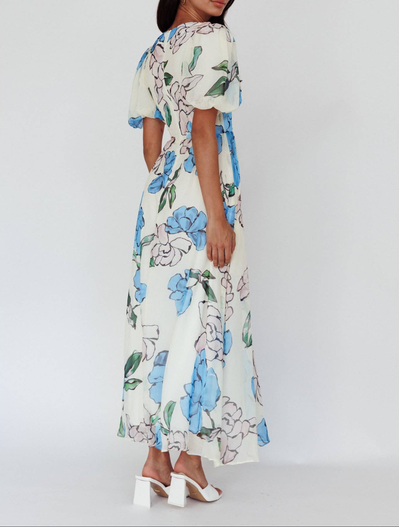Blue Beauty Pastel Floral Print Maxi Dress - White