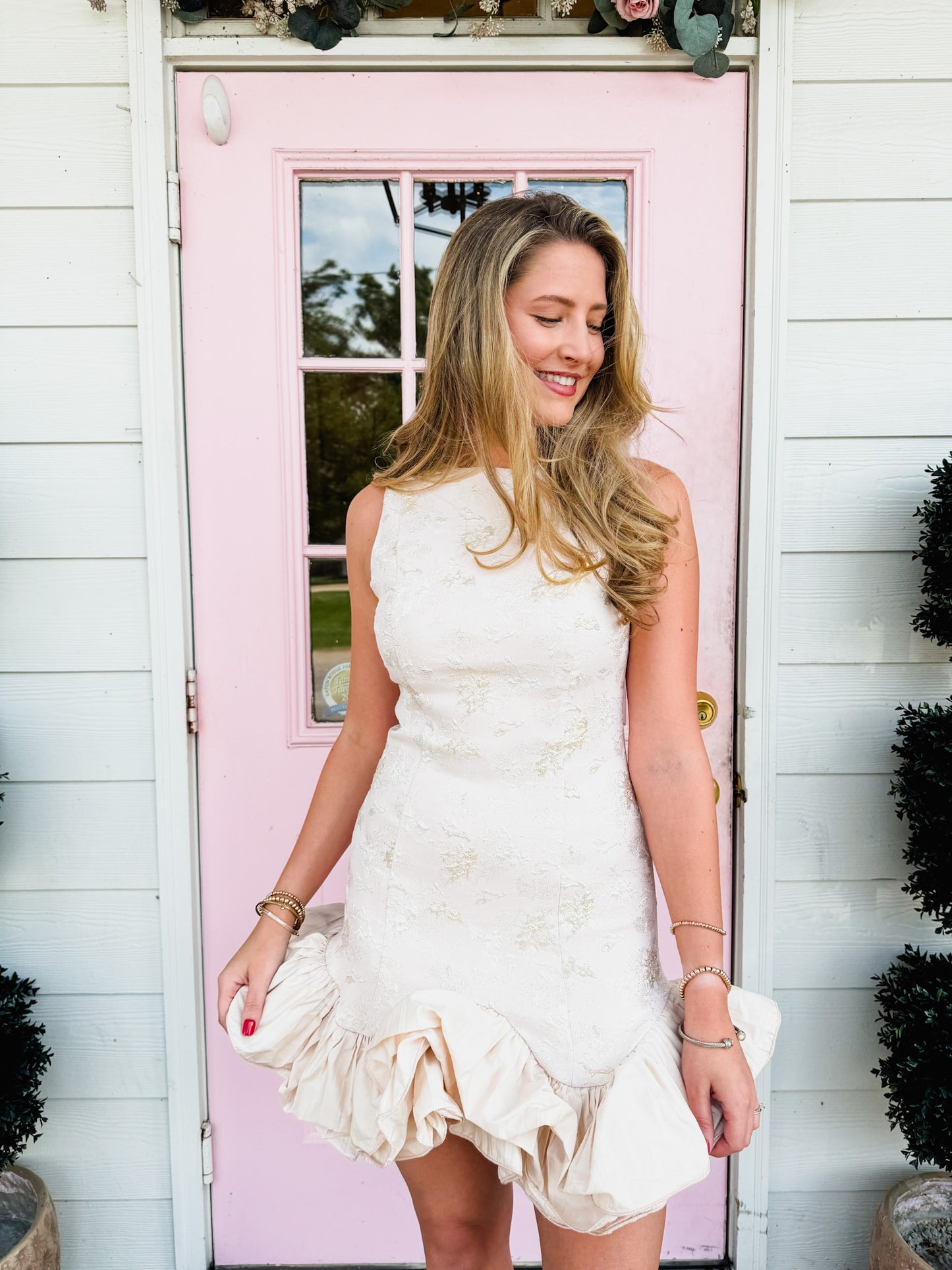 Friends Forever Ruffle Hem Jacquard Mini Dress - Blush