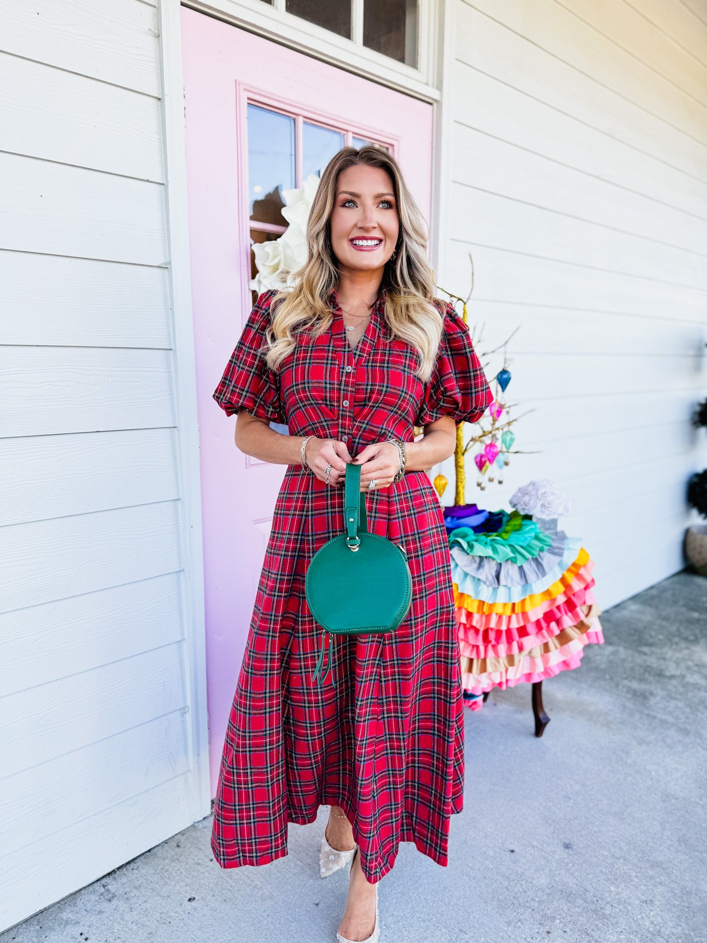 Very Merry Plaid Puff Sleeve Midi Dress - Red
